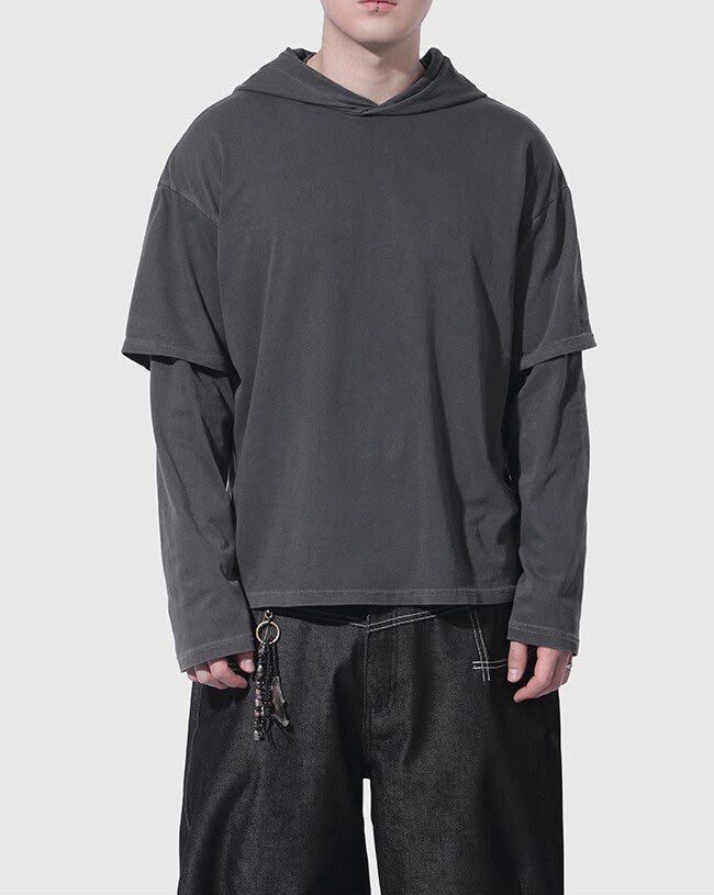 洗水淨色假兩件連帽長袖衫 OTHERFIT-038T