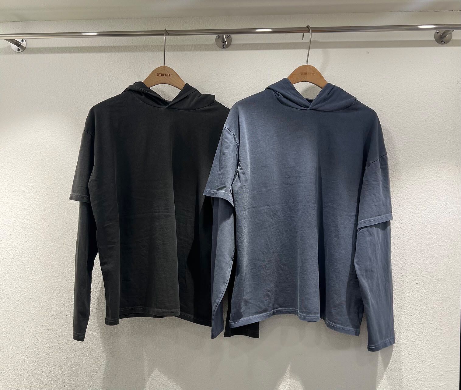 洗水淨色假兩件連帽長袖衫 OTHERFIT-038T