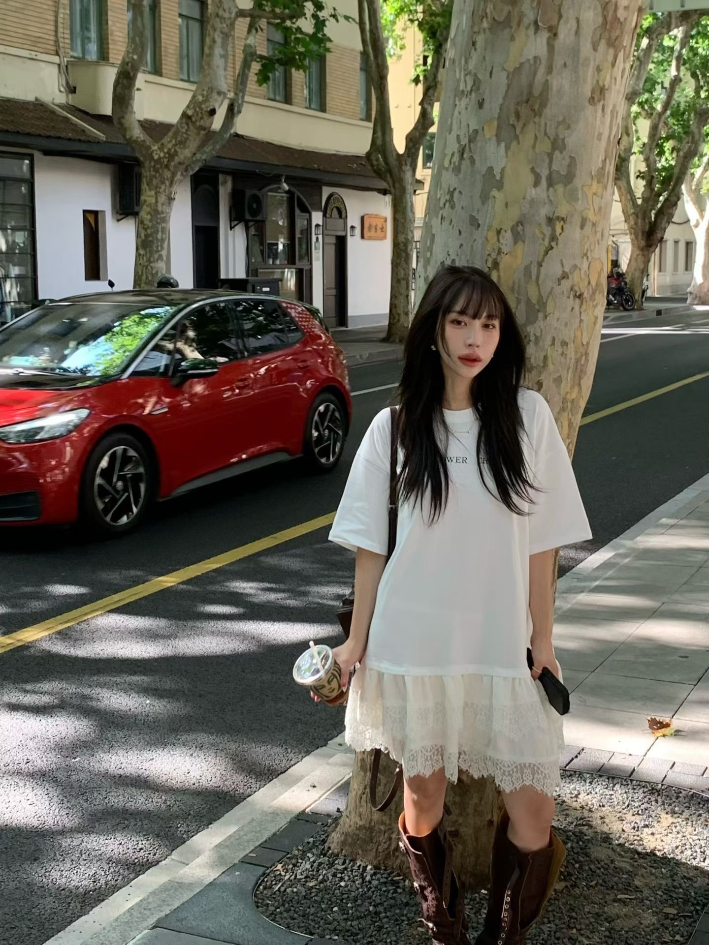 短袖拼接蕾絲跳舞女孩短洋裝