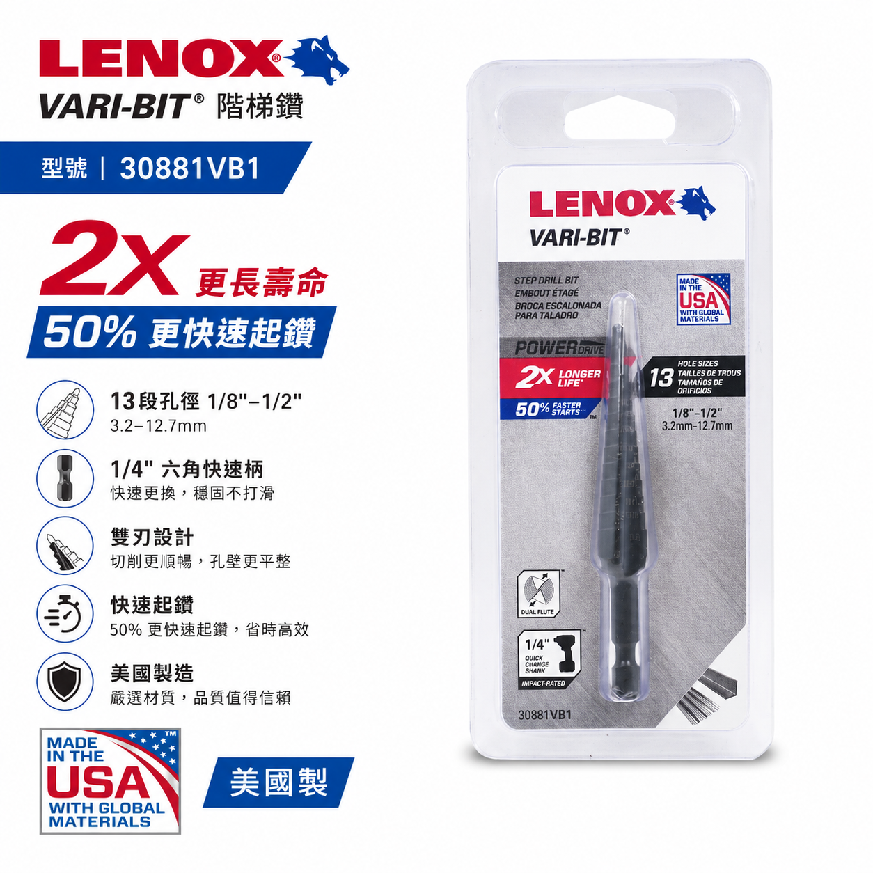 美國 LENOX 狼牌｜3.2-12.7mm 六角柄階梯鑽｜30881VB1｜六角階梯鑽尾 VARI-BIT