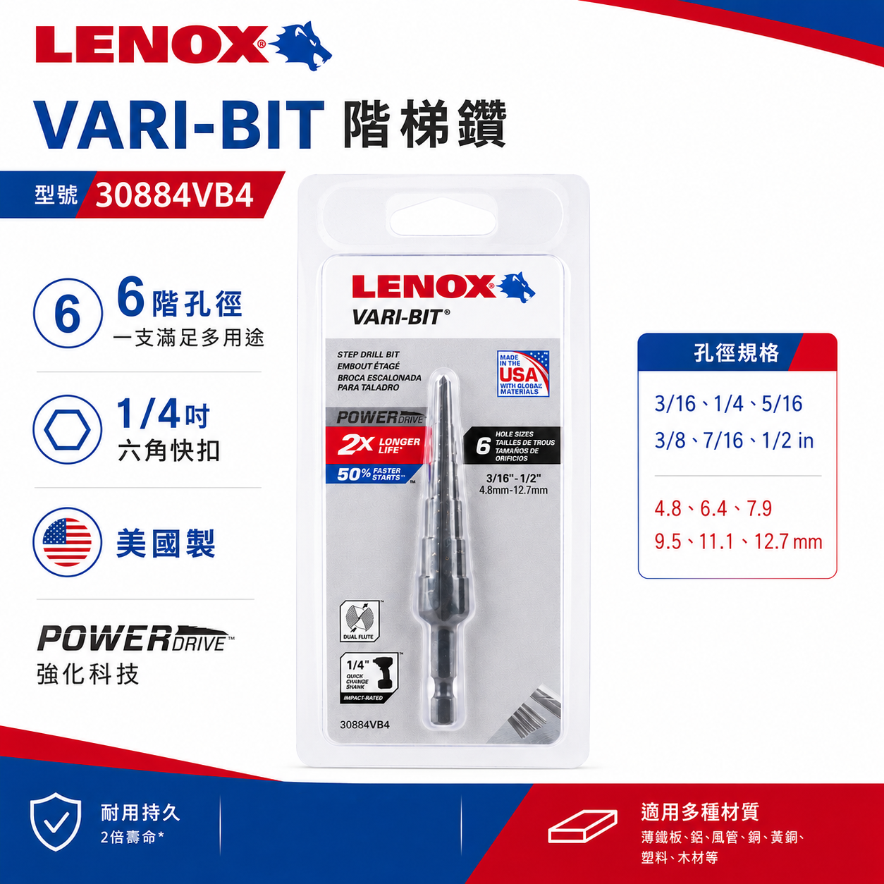 美國 LENOX 狼牌｜4.8-12.7mm 六角柄階梯鑽頭｜30884VB4｜階梯鑽尾｜VARI-BIT