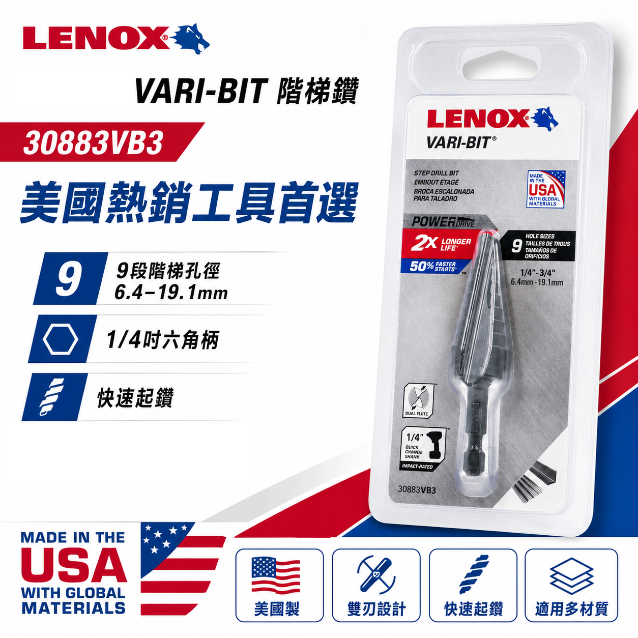 美國 LENOX 狼牌｜6.4-19.1mm｜六角柄階梯鑽頭｜30883VB3｜階梯鑽尾｜VARI-BIT