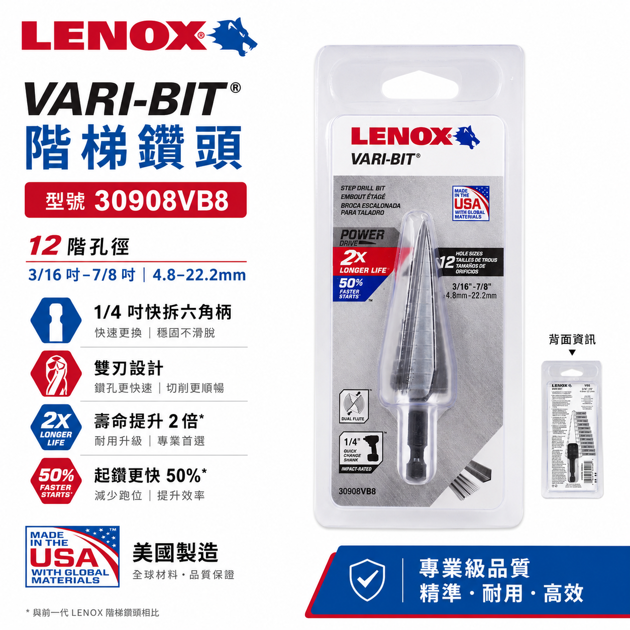 美國 LENOX 狼牌｜4.8-22.2mm｜六角柄階梯鑽頭 30908VB8｜階梯鑽尾 VARI-BIT