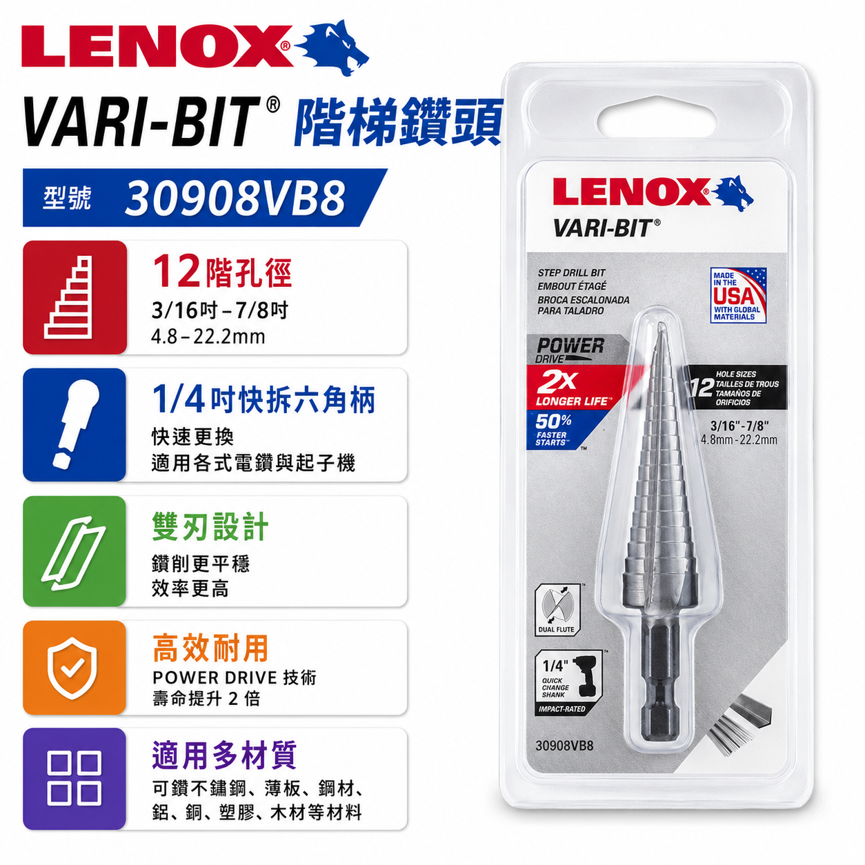 美國 LENOX 狼牌｜4.8-22.2mm｜六角柄階梯鑽頭 30908VB8｜階梯鑽尾 VARI-BIT