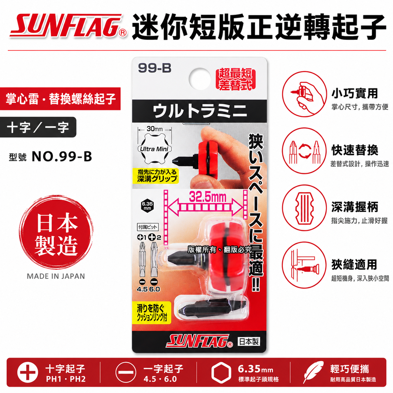日本製 SUNFLAG 新龜｜隙縫間迷你短版正逆轉起子 替換超短正反轉起子 掌心替換螺絲起子｜NO.99-B