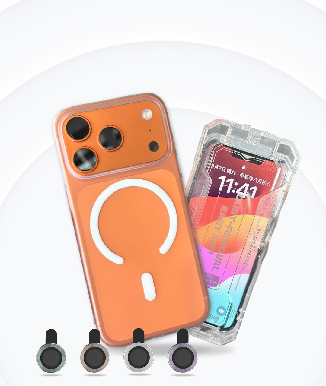 橘色 iPhone 裝上 Londonimg Air Lite Case 磨砂超薄手機殼，並配極地冰盾保護貼與四枚玻璃鏡頭環，殼身、螢幕與鏡頭都有防護