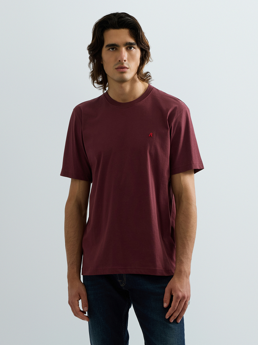酒紅色刺繡 Logo 純棉圓領 T-shirt