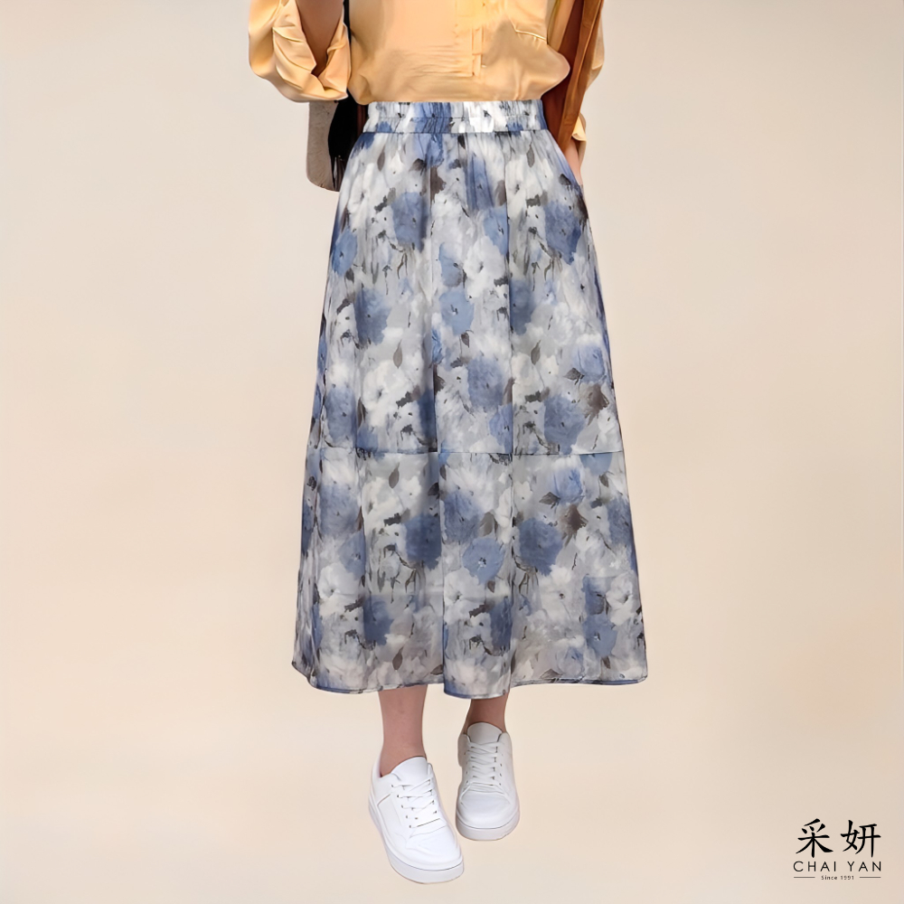 銀絲花布中長裙