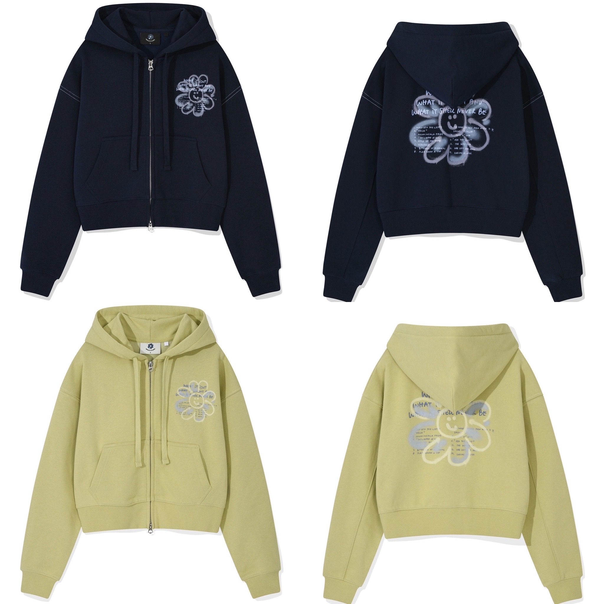 【30/8截單！限時優惠預訂】韓國 WHAT IT ISN'T WOMEN FLORY GRAPHIC CROP ZIP-UP HOODIE（3色）