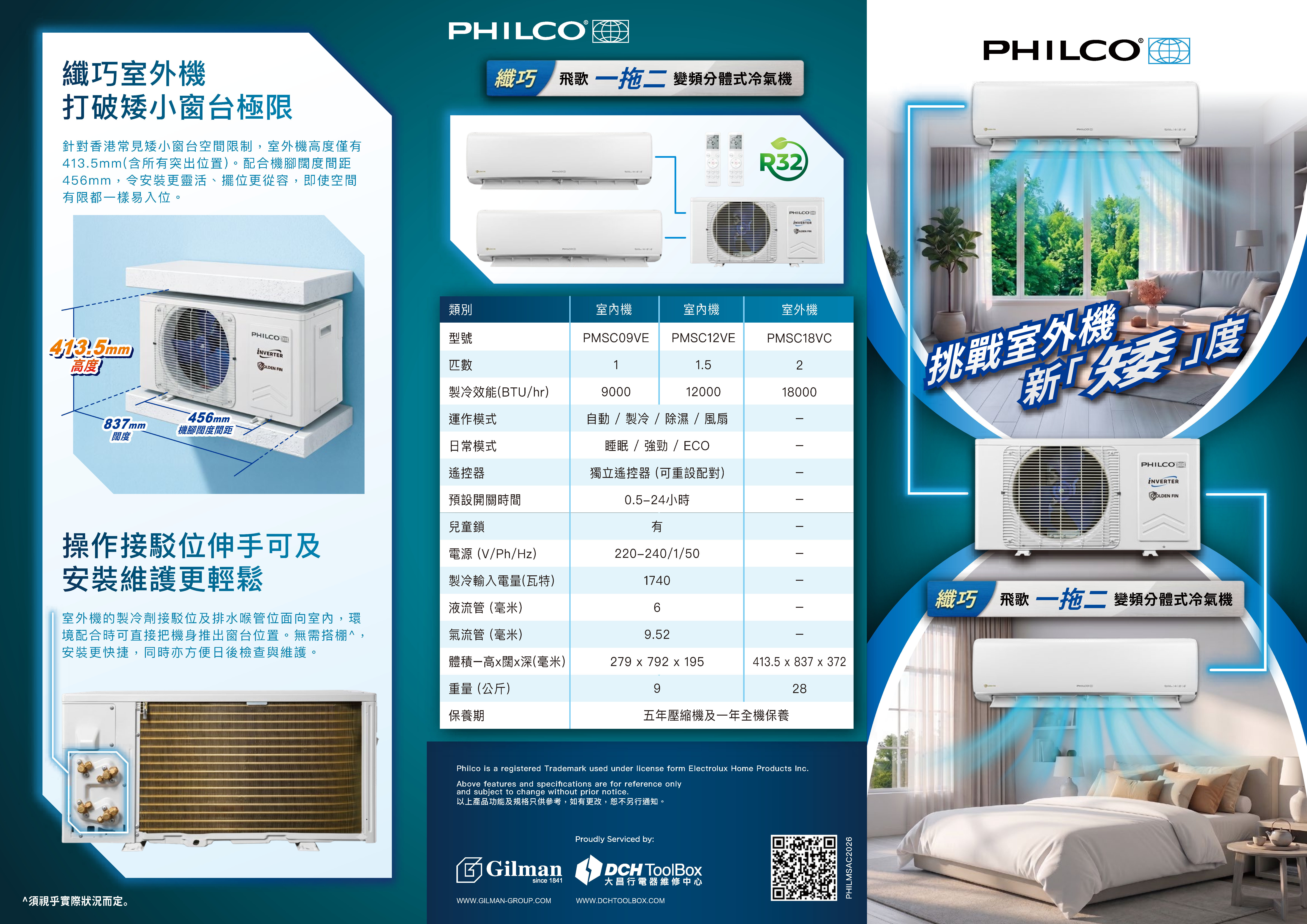 💥New💥 飛歌 Philco   R32 變頻淨冷(1匹+1匹)‧413.5mm纖巧一拖二分體式冷氣機‧(2匹PMSC18VC室外機+1匹PMSC09VE室內機 x2)‧香港行貨,原廠1年全機及5年壓縮機保養‧