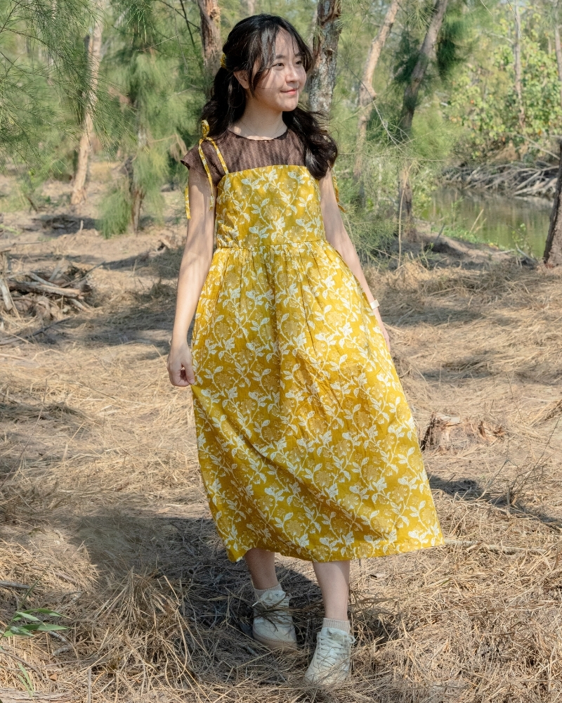印度蓋染工藝親膚純棉 細肩洋裝 - 秋香黃