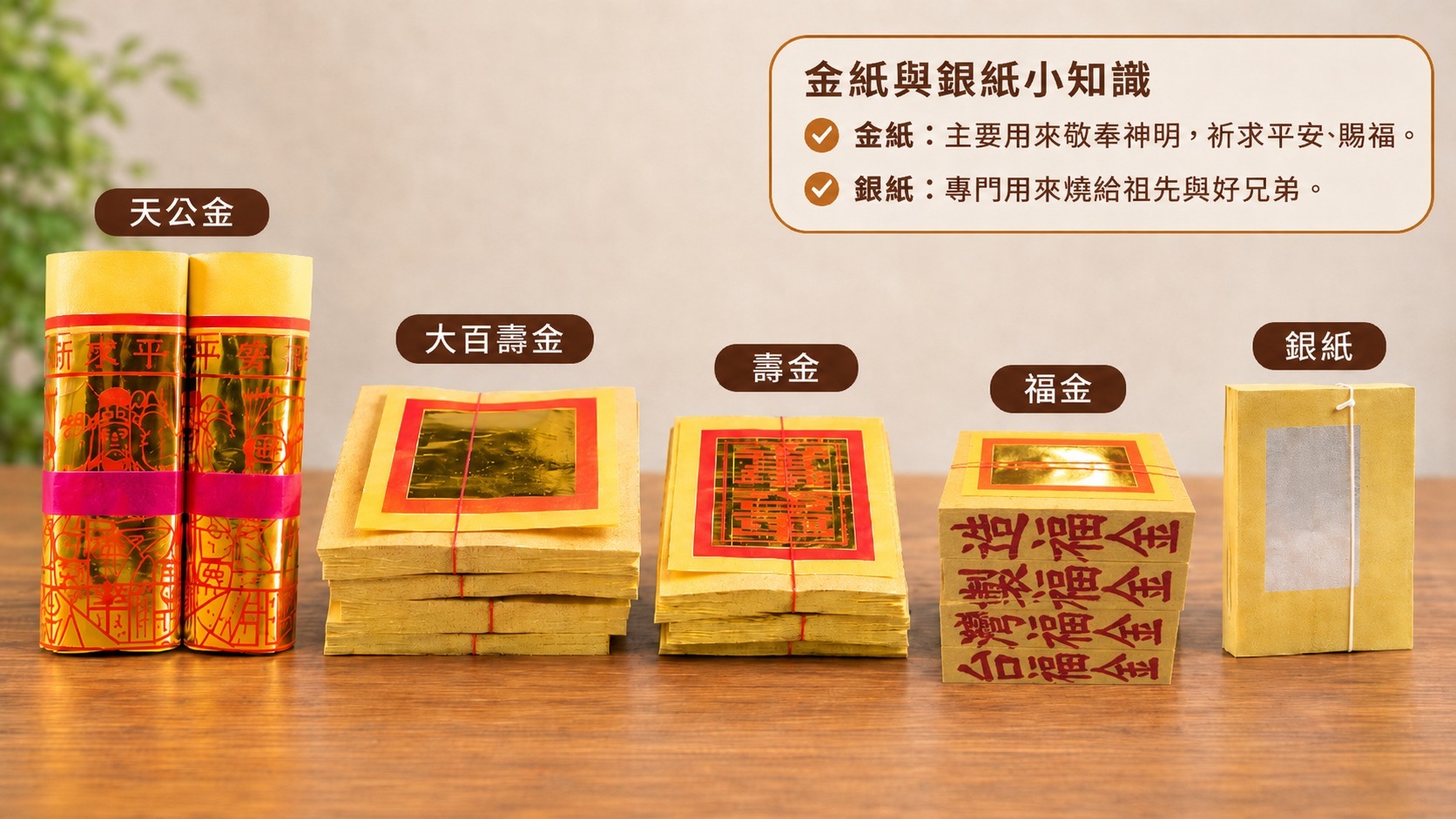 臺灣常見金紙種類實物比較,呈現不同紙錢的圖樣、顏色與尺寸差異