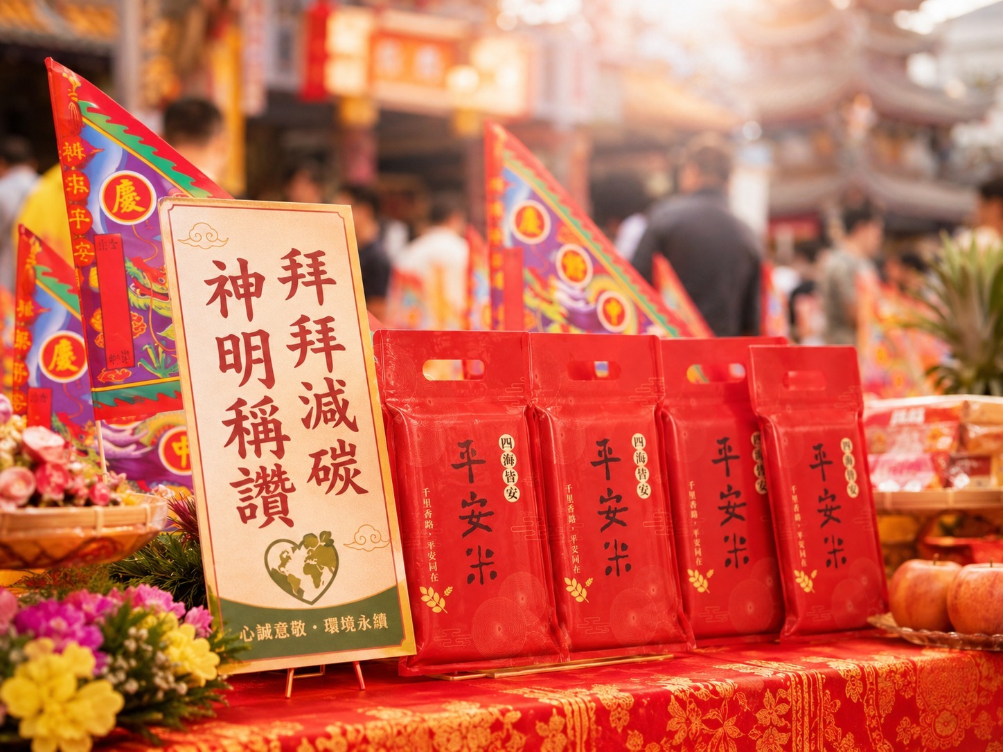 以白米與鮮花取代焚燒紙錢,呈現對環境友善的祭祀方式