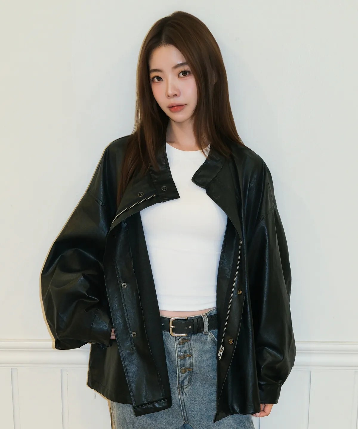 【OWN】MUAHMUAH 外套 夾克 皮質 落肩 寬鬆 背面 字母 新品 抽繩 黑色