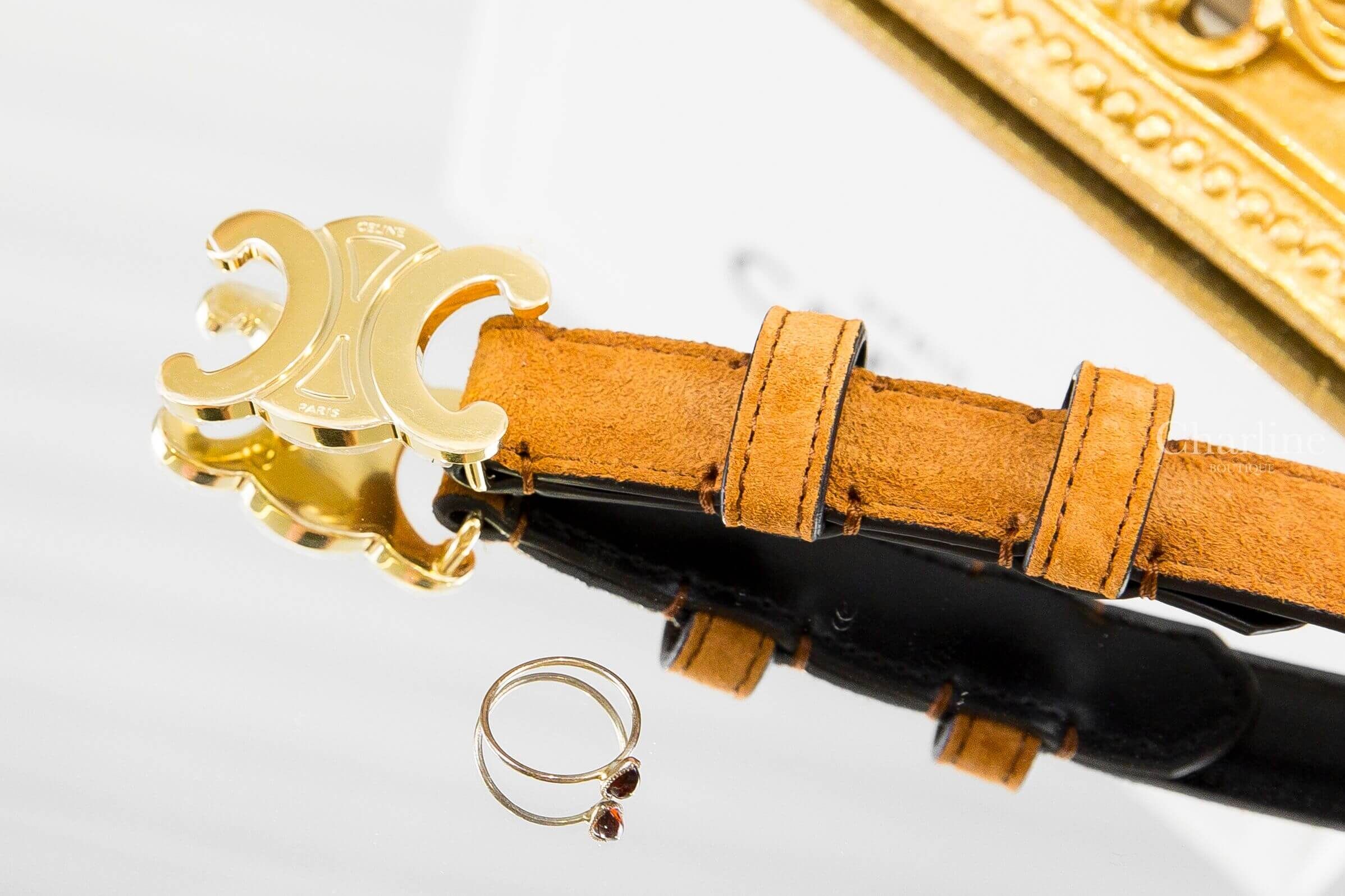Celine Triomphe Belt 18mm 淺褐色麂皮/黑色牛皮金色凱旋門1.8cm皮帶