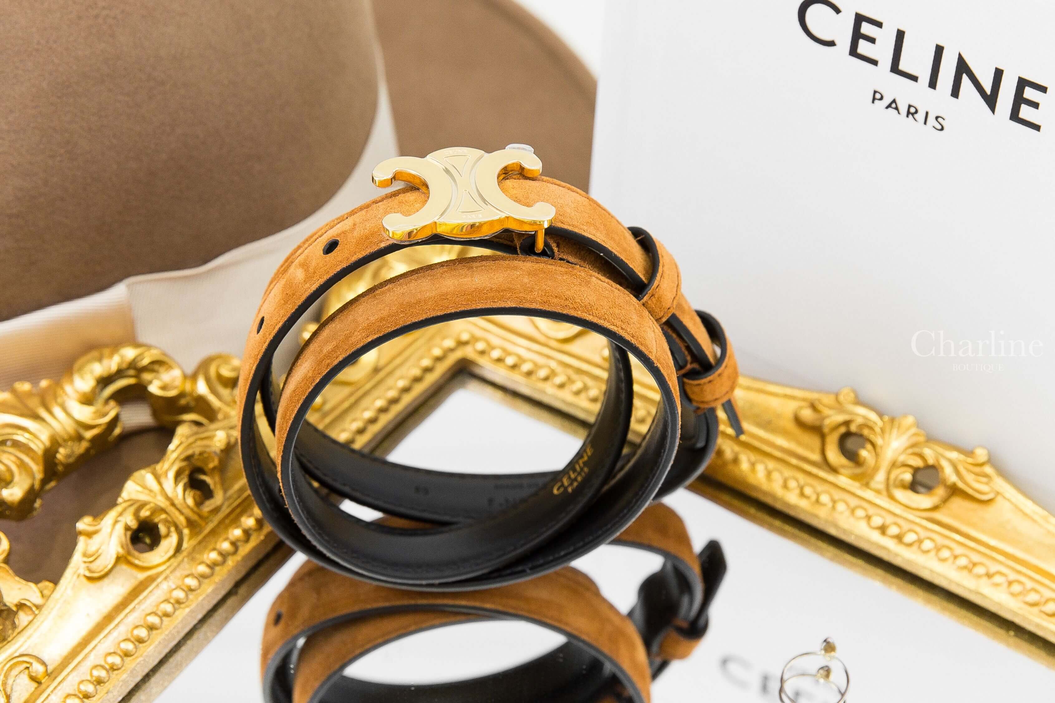 Celine Triomphe Belt 18mm 淺褐色麂皮/黑色牛皮金色凱旋門1.8cm皮帶-Charline Boutique 精品代購