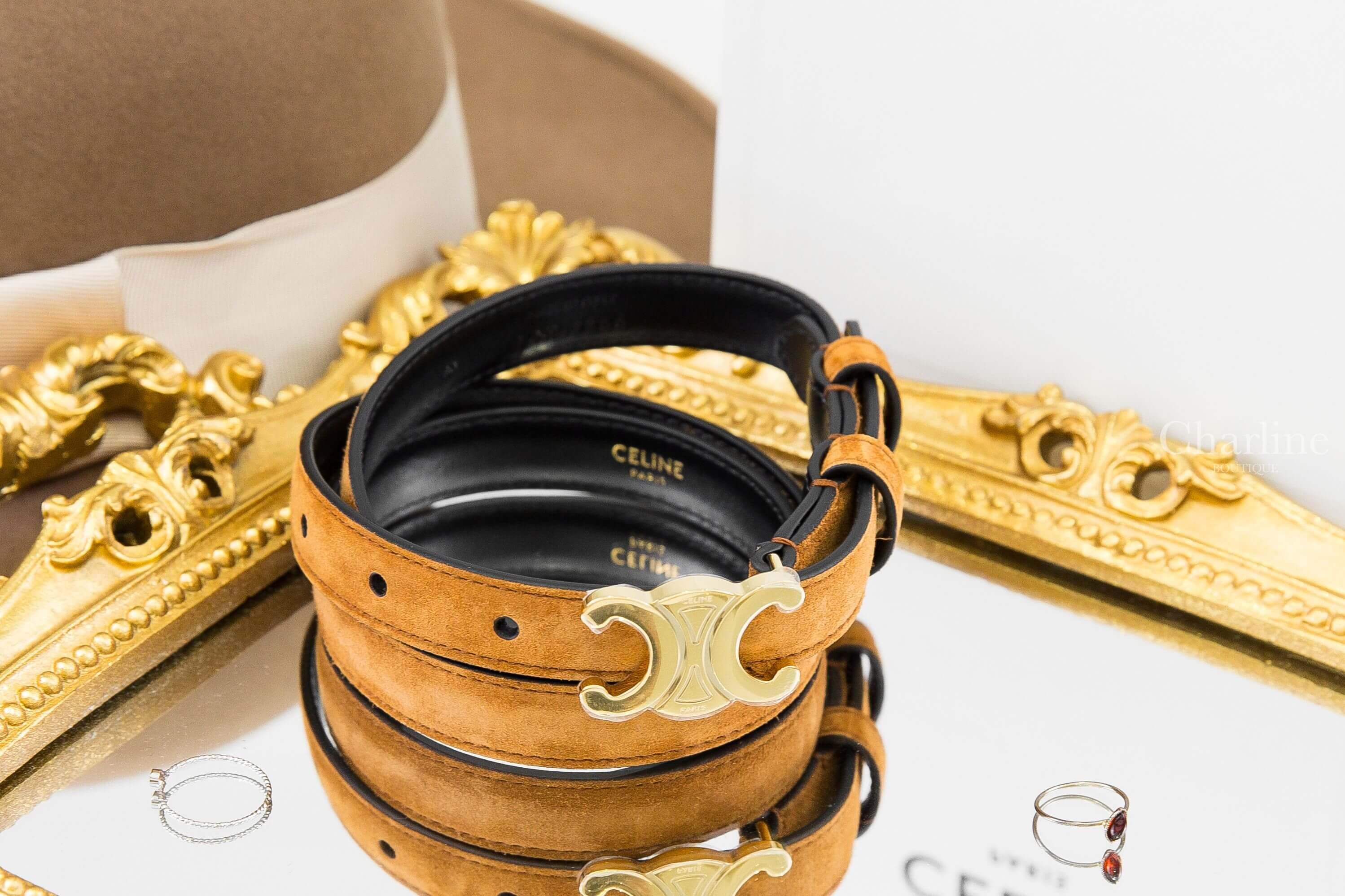 Celine Triomphe Belt 18mm 淺褐色麂皮/黑色牛皮金色凱旋門1.8cm皮帶-Charline Boutique 精品代購