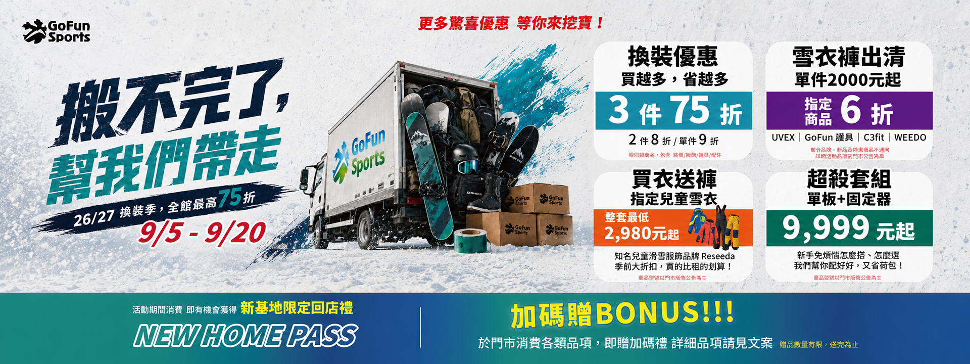 GoFun Sports 台北門市「搬不完了，幫我們帶走」2627 換裝季搬家特賣活動宣傳橫圖，活動時間 9/5 至 9/20，全館最高 75 折。畫面展示裝滿滑雪裝備與紙箱的搬家貨車，並列出主要優惠包括裝備類 3 件 75 折、2 件 8 折、單件