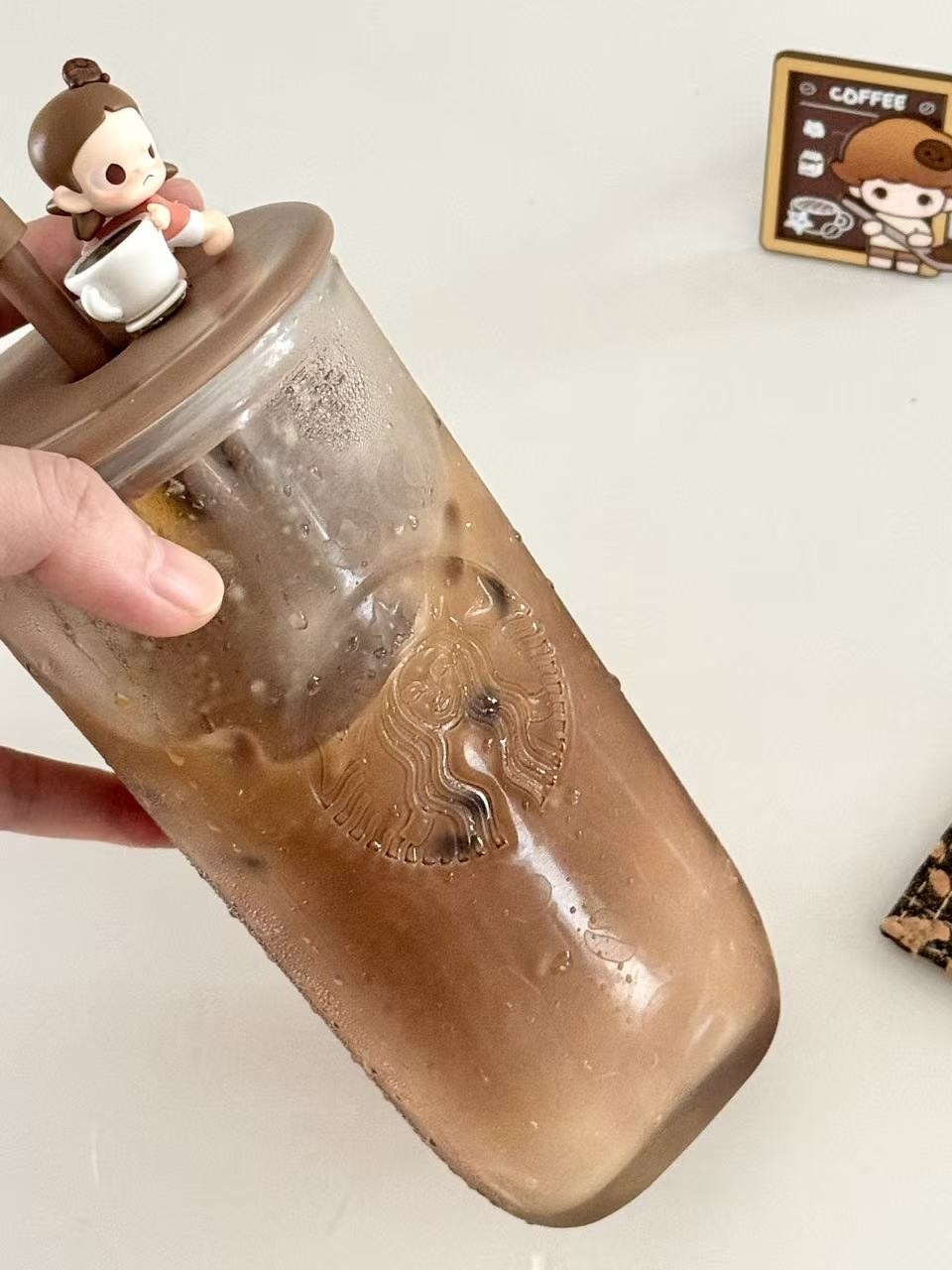 代購-Starbucks星巴克 豹紋 漸層淺棕 三角底 玻璃杯配吸管塞 530ml