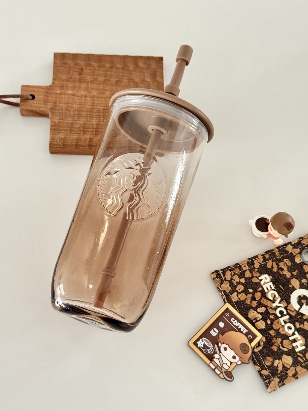 代購-Starbucks星巴克 豹紋 漸層淺棕 三角底 玻璃杯配吸管塞 530ml