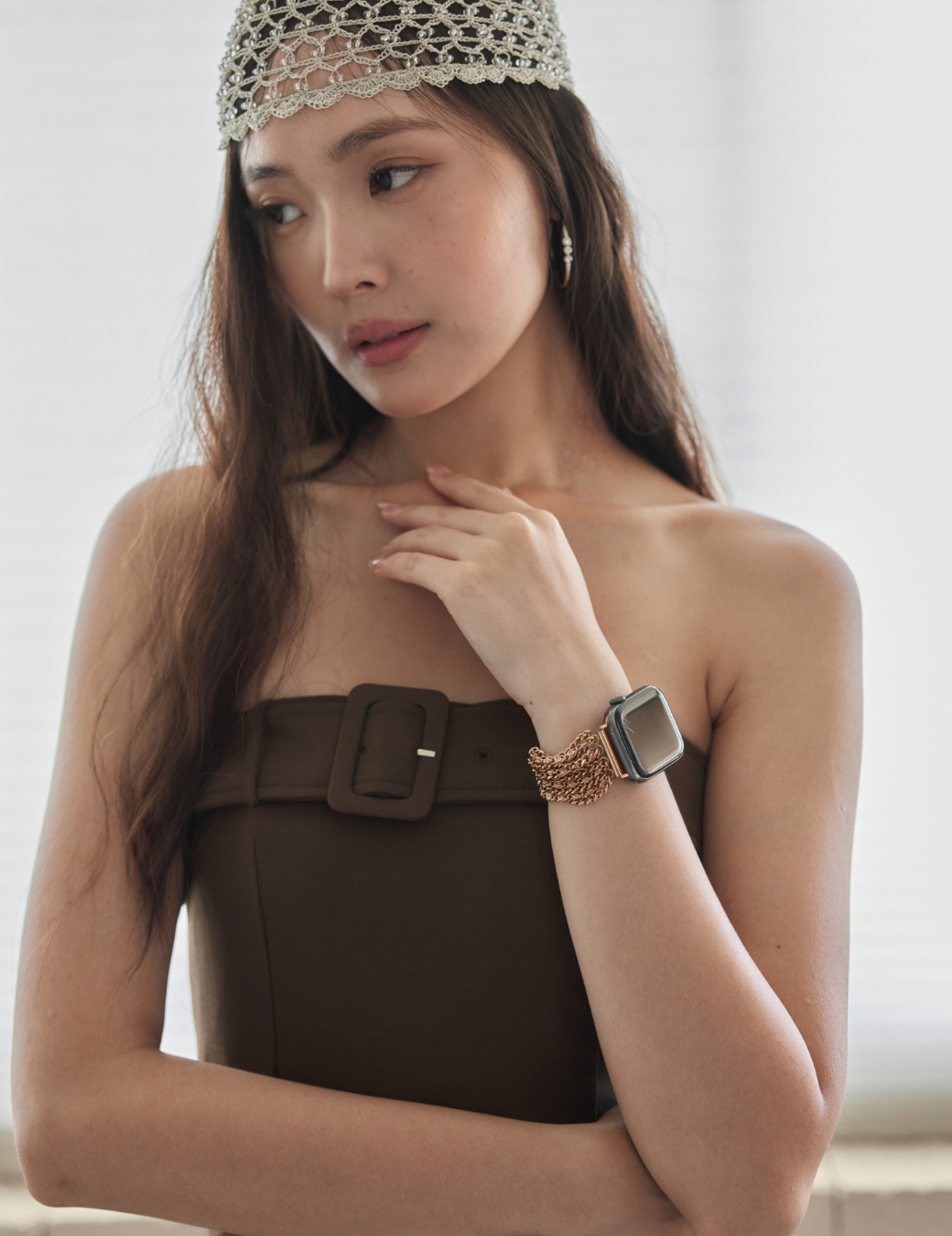 Apple Watch 不鏽鋼復古多層次鏈條錶帶（玫瑰金）