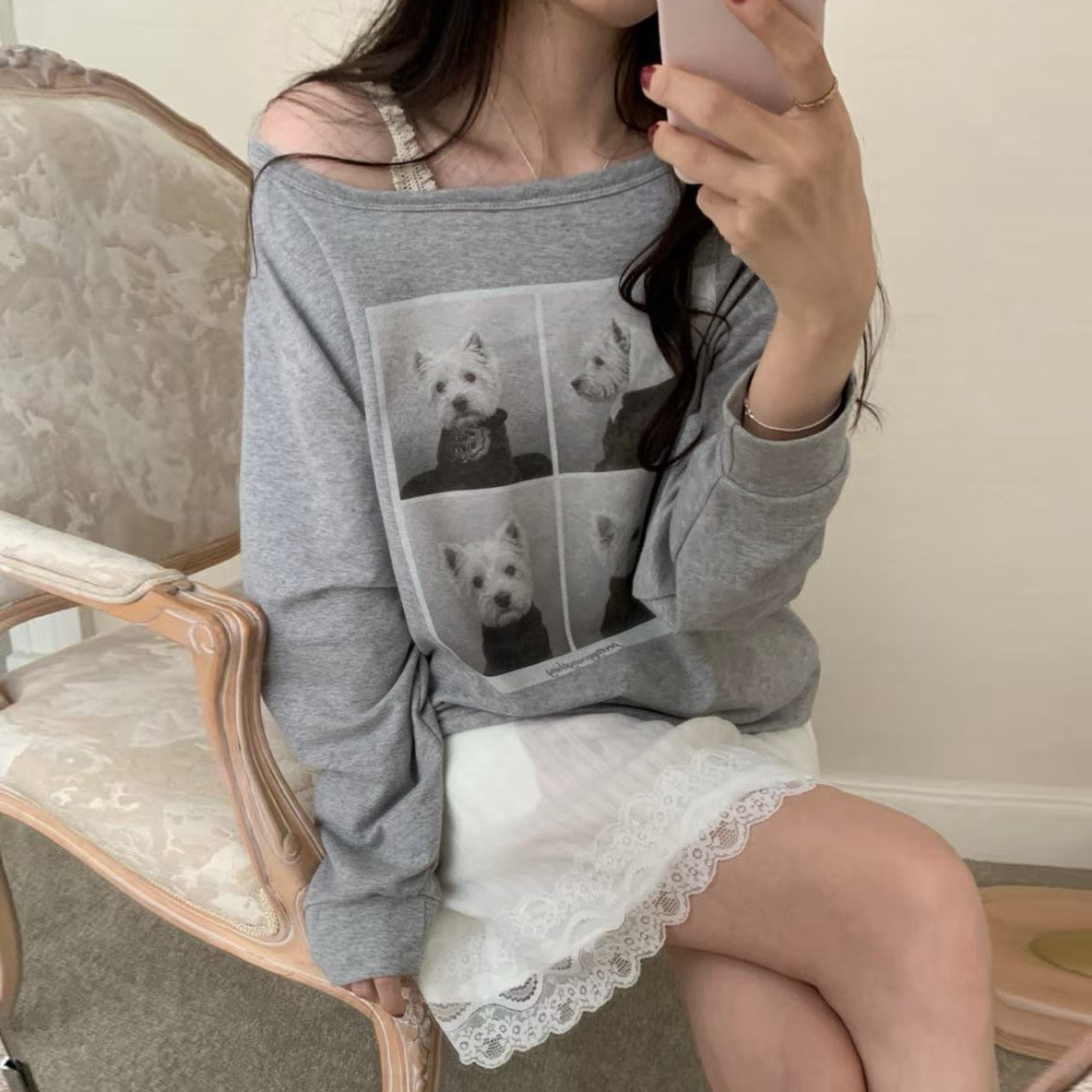四格相片狗狗圖案露肩圓領大學TEE / 2色