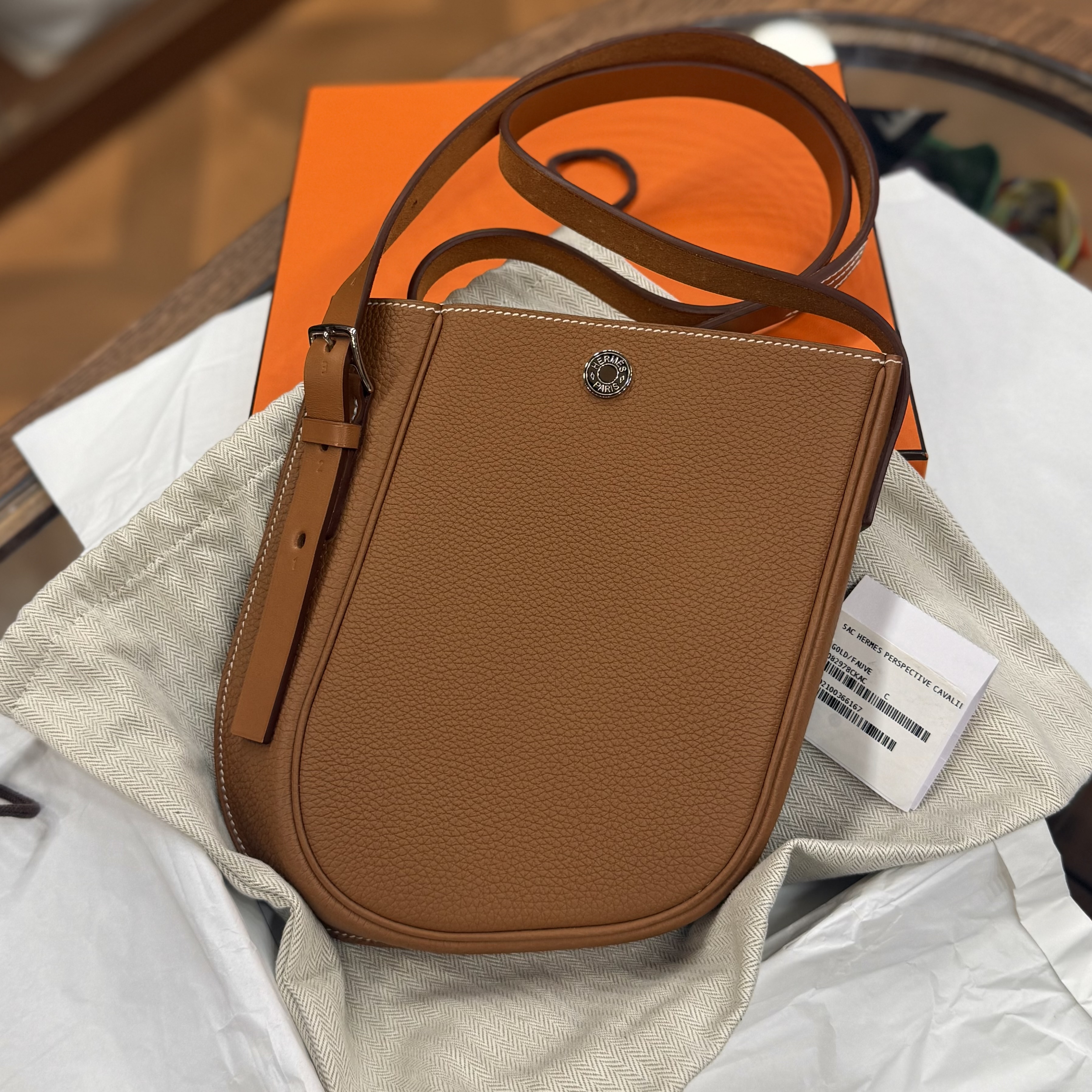 閑置品 HERMES PERSPECTIVE CAVALIERE 21 BAG 金棕色銀扣TOGO皮 STAMP Z #愛馬仕歪歪包