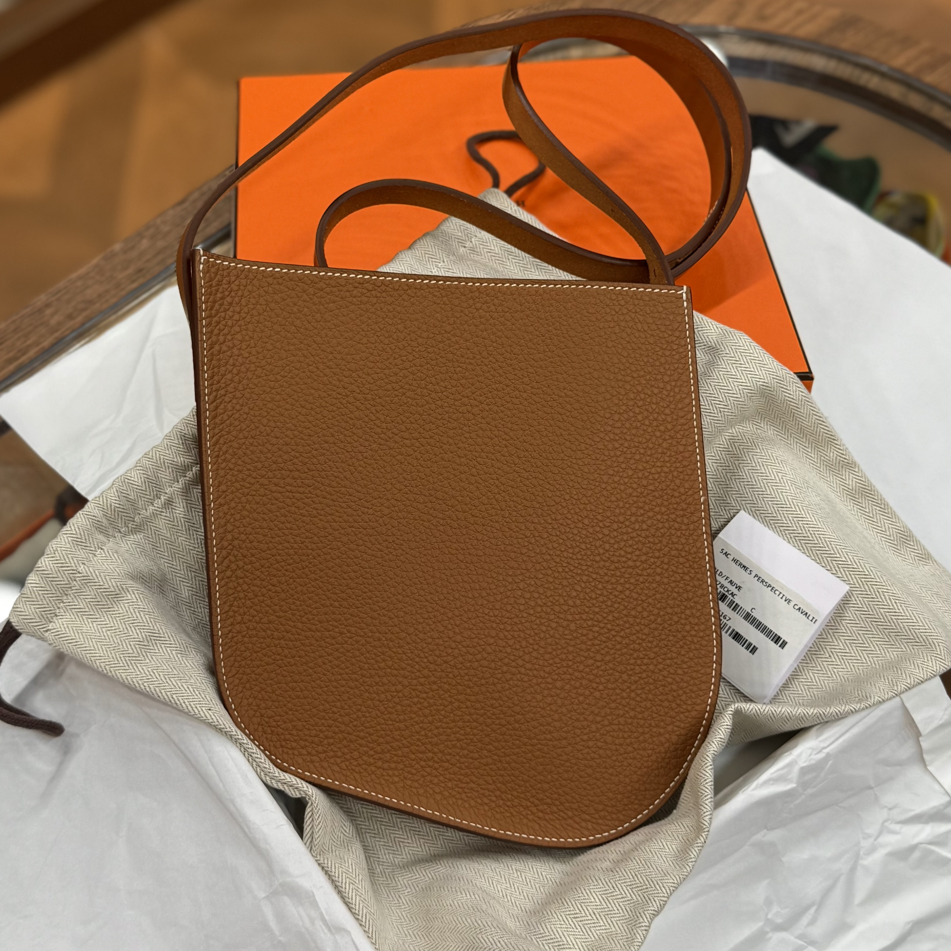 閑置品 HERMES PERSPECTIVE CAVALIERE 21 BAG 金棕色銀扣TOGO皮 STAMP Z #愛馬仕歪歪包