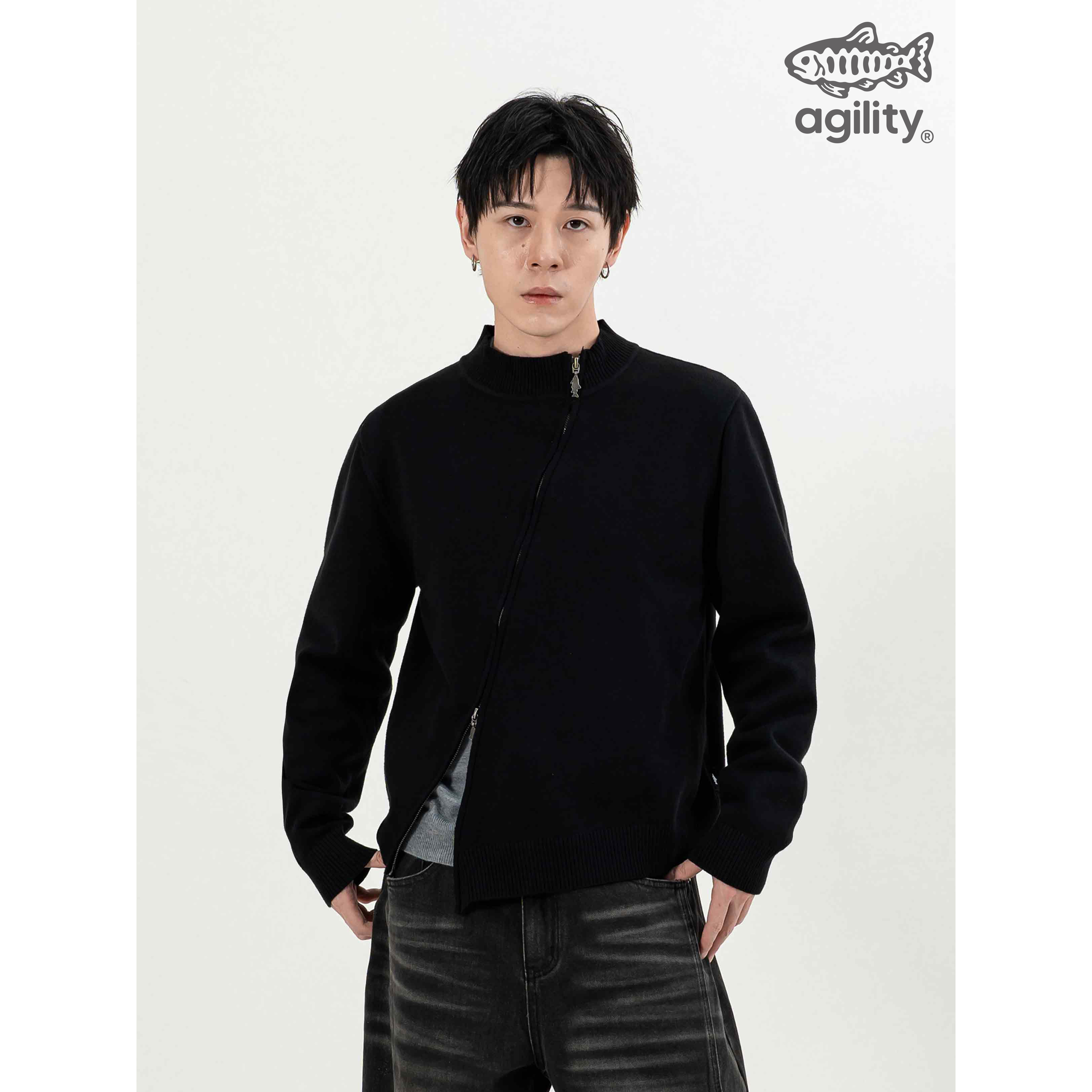 AGILITY Asymmetric Zip Knit Jacket 斜拉鍊 針織 立領外套 [KW-J]