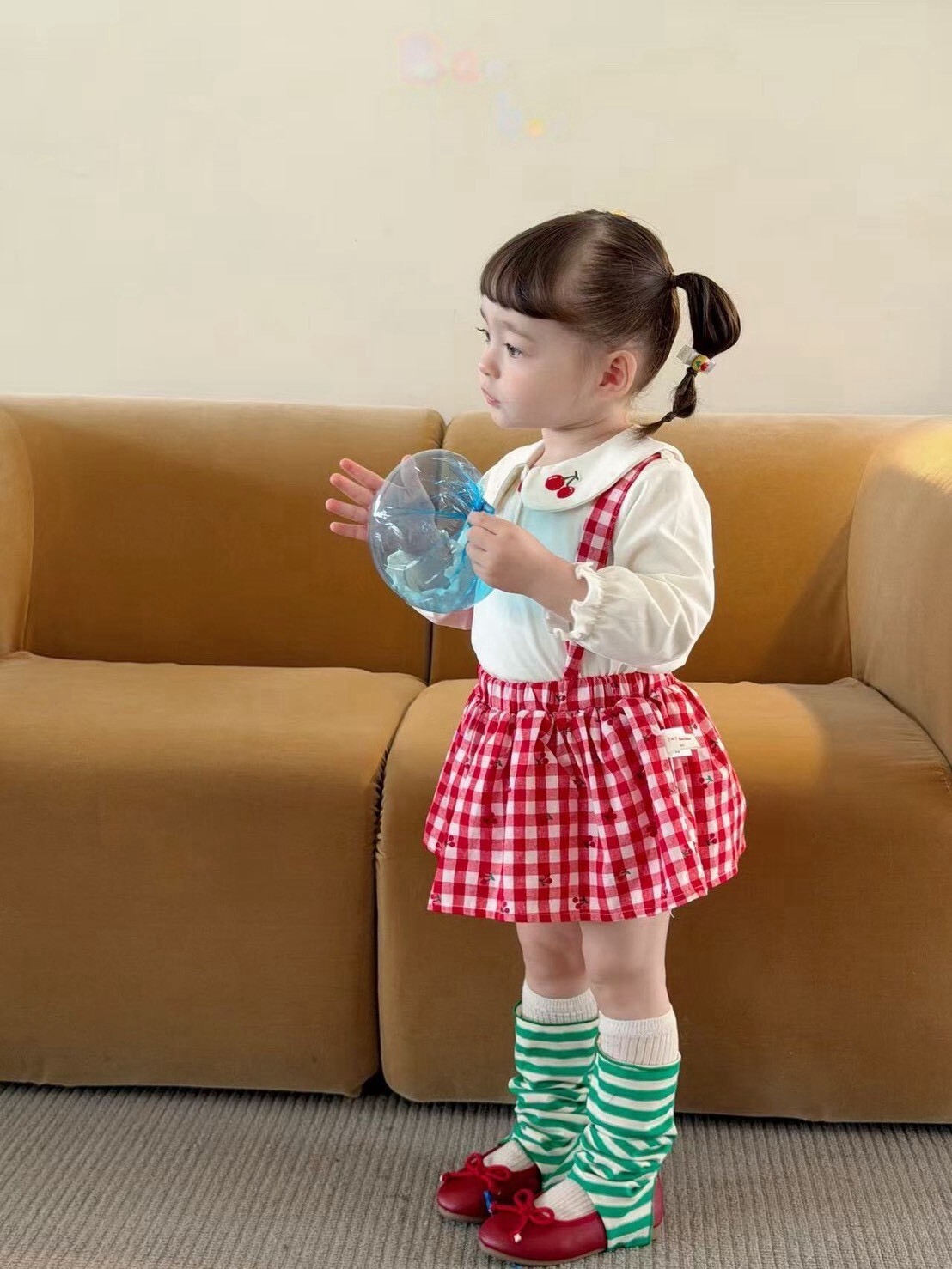 格子櫻桃吊帶裙