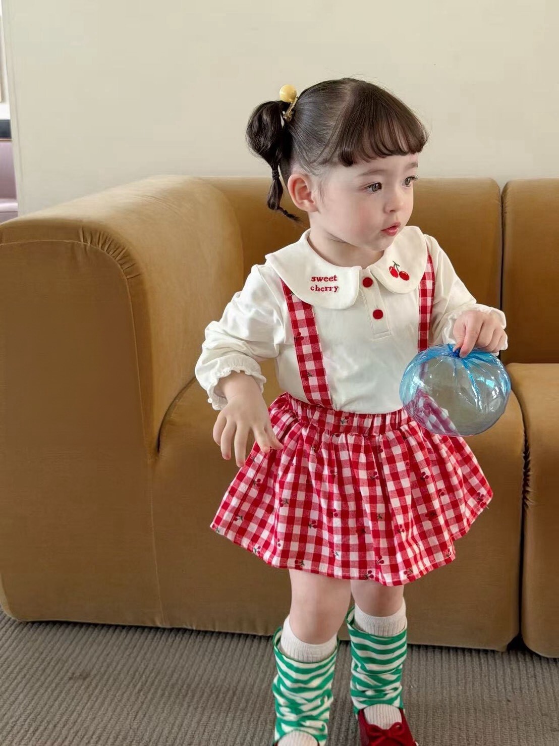 格子櫻桃吊帶裙