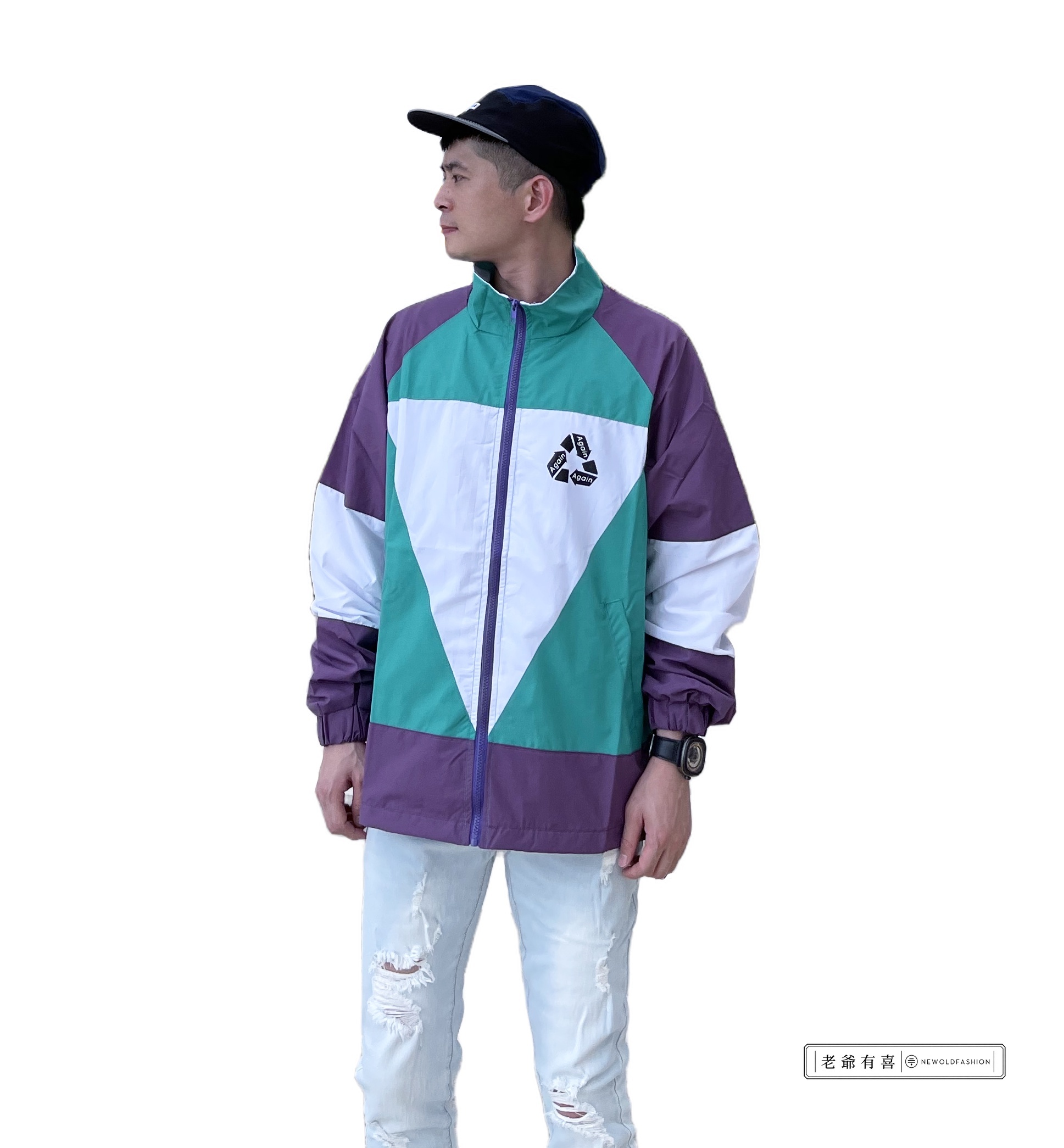 『新品上市』三角撞色拼接立領防風外套(NOF2109A105)-白