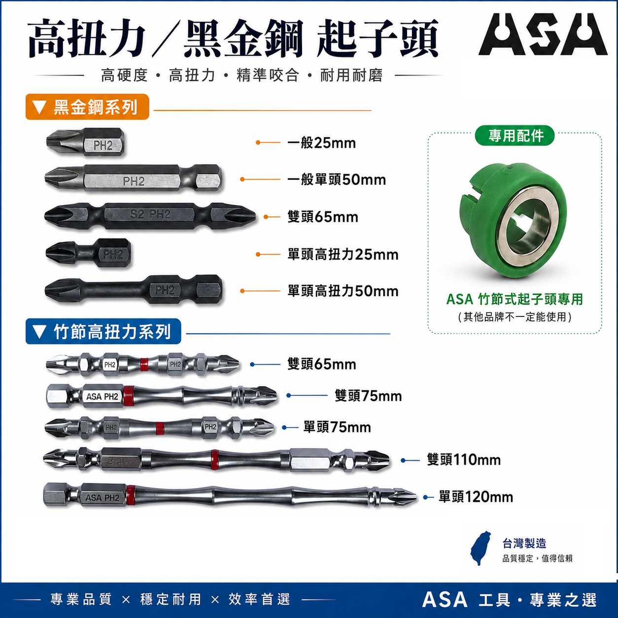ASA 台灣製｜磁鐵｜黑金剛 銀色竹節高扭力起子頭 2號 雙頭十字起子頭 PH2 #2十字起子頭 單頭起子頭
