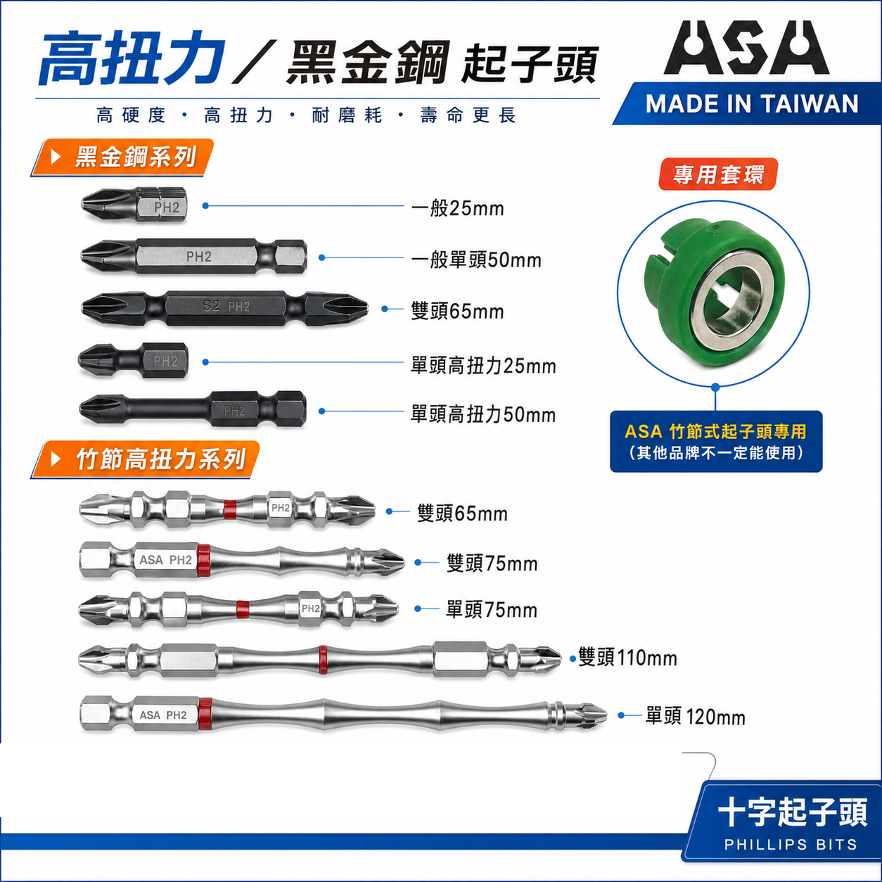 ASA 台灣製｜磁鐵｜黑金剛 銀色竹節高扭力起子頭 2號 雙頭十字起子頭 PH2 #2十字起子頭 單頭起子頭