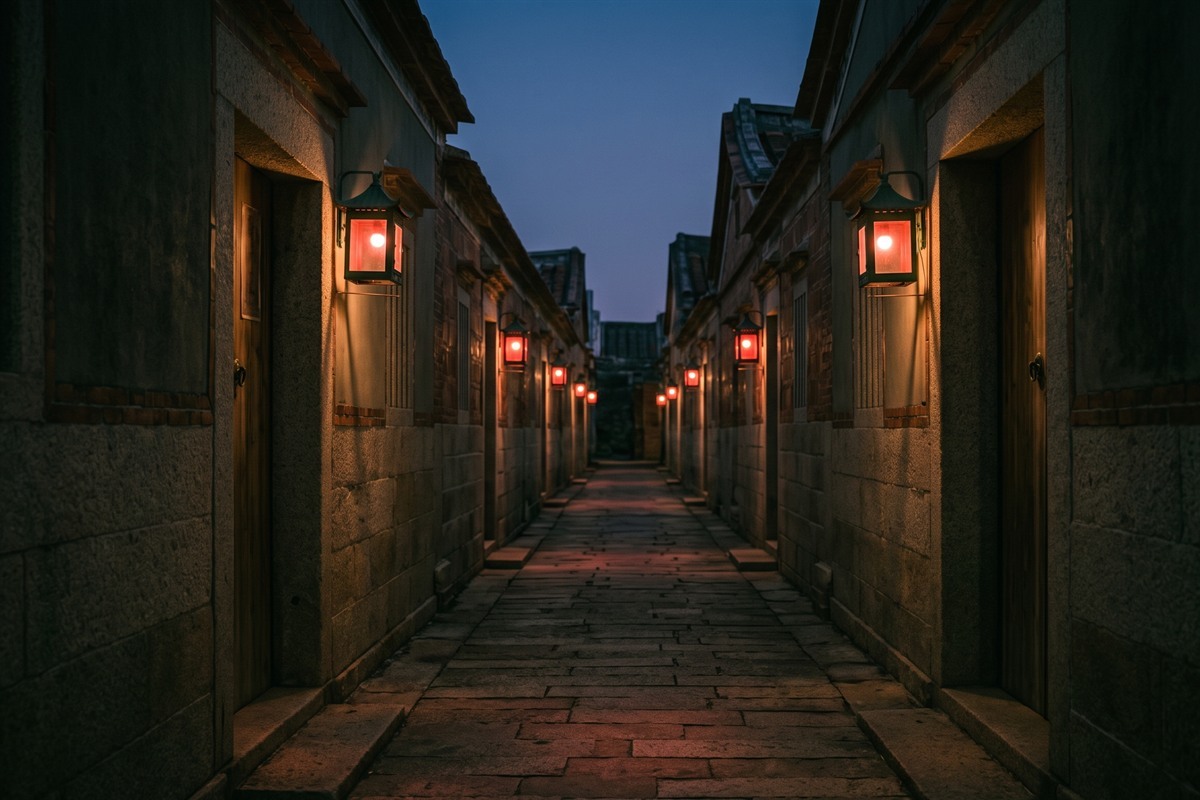 金門聚落的窄巷夜景,兩側老厝門口各掛著一盞亮著的紅色普渡燈,一戶一盞往巷子深處延伸