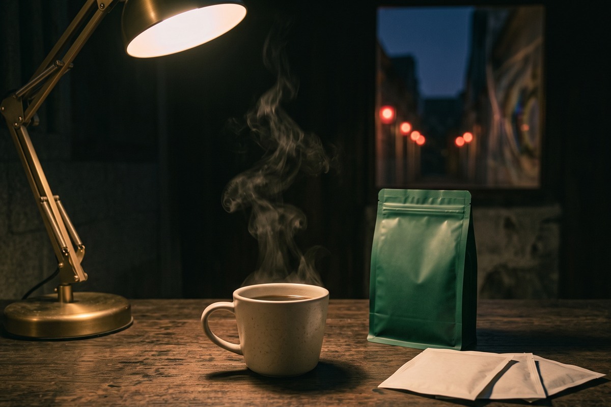 室內暖黃燈光下的木桌上,一只白瓷杯裝著剛沖好的熱咖啡冒著熱氣,旁邊放著七月流火的咖啡包裝