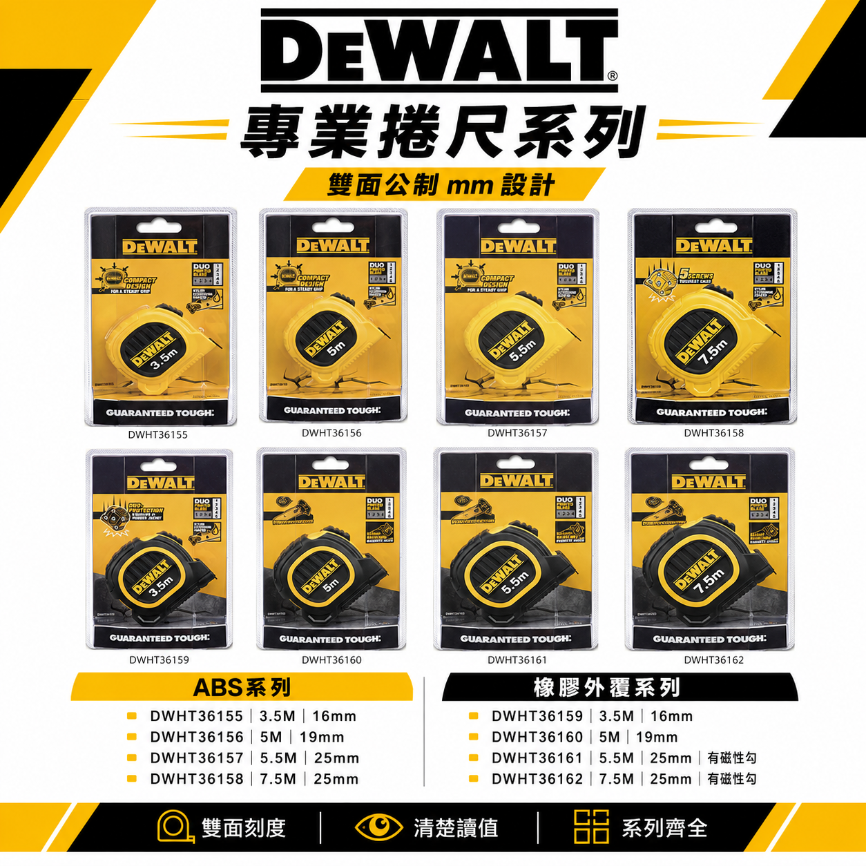 DEWALT 美國 得偉｜雙面捲尺 塑料 橡膠外覆-塑料｜全公分mm｜測量卷尺｜3.5M 5M 5.5M 7.5M｜公司貨