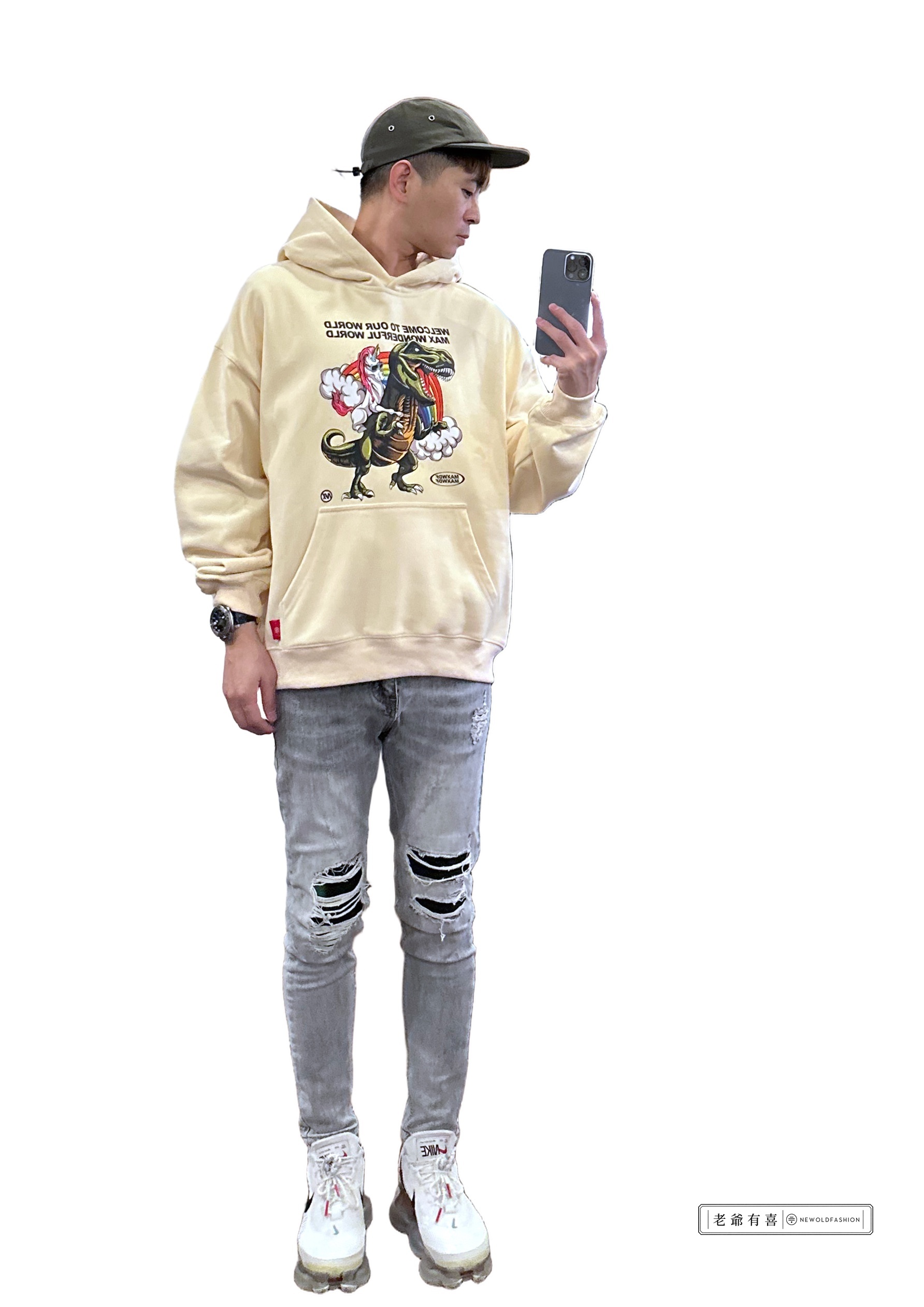 重磅彩虹恐龍刷毛帽T－米｜NEWOLDFASHION 老爺有喜 (NOF2311D010)
