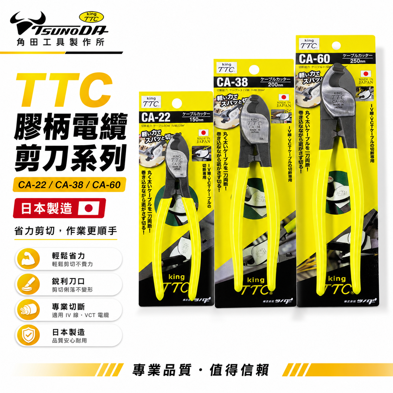 日本製 TTC 角田｜專業電纜剪 切斷剪刀 電線剪 破壞鉗 膠柄電纜剪刀｜CA-22 CA-38 CA-60