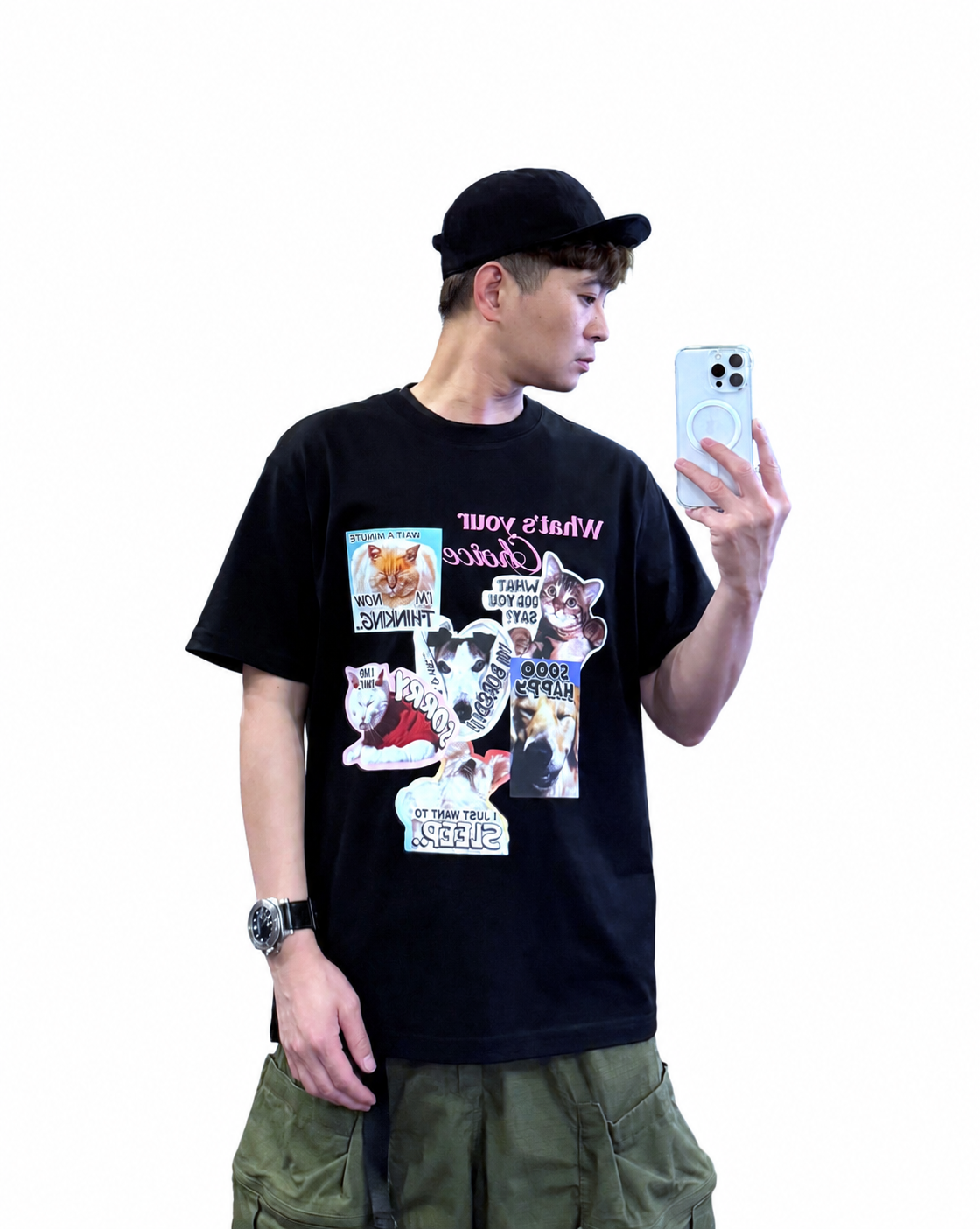 『新品上市』重磅貓狗便利貼短T(NOF25038186)-黑