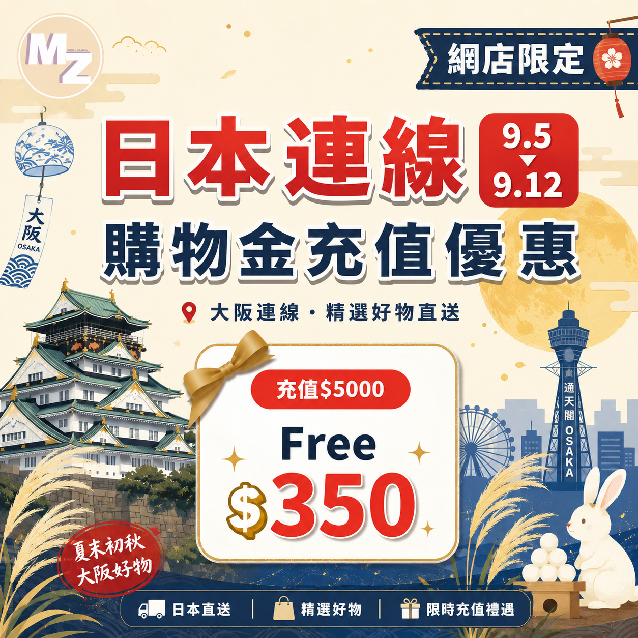 購物金充值優惠 $5000 FREE $350 使用限期為180日