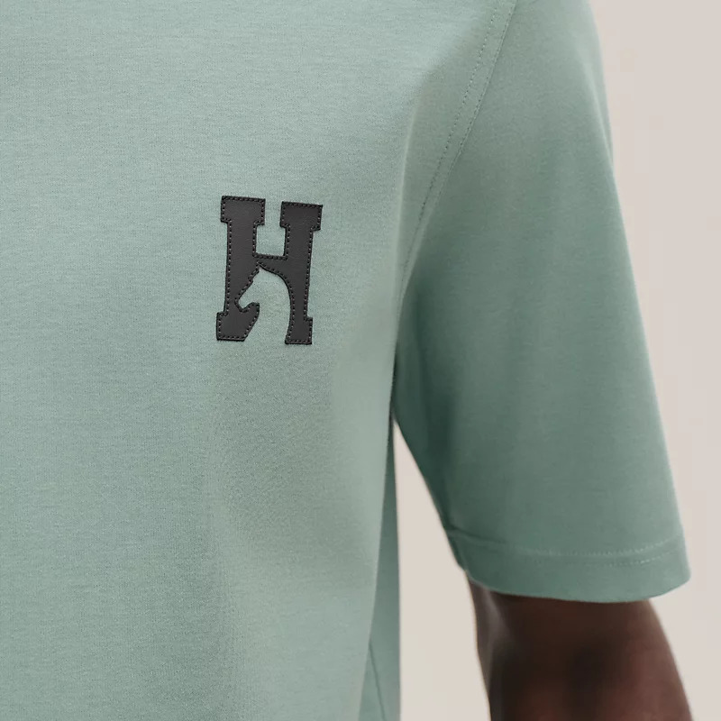 HERMES H'Cheval" t-shirt with leather detail VERT DE GRIS L SIZE