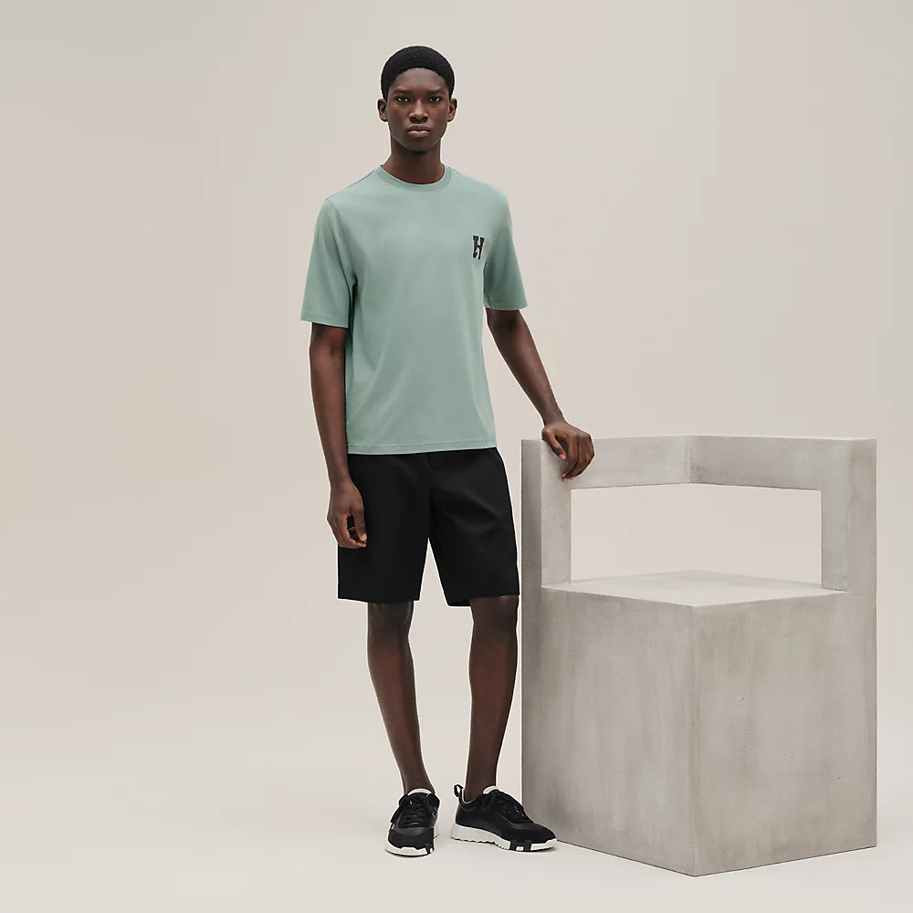 HERMES H'Cheval" t-shirt with leather detail VERT DE GRIS L SIZE