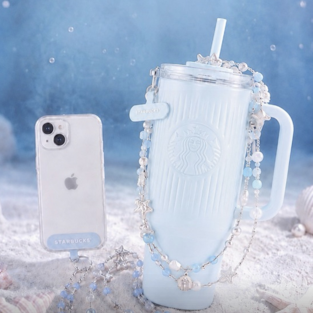 <送手機掛繩>STARBUCKS 星巴克 海底綺遇 珍珠藍 吸管杯 冰霸杯 附掛鏈