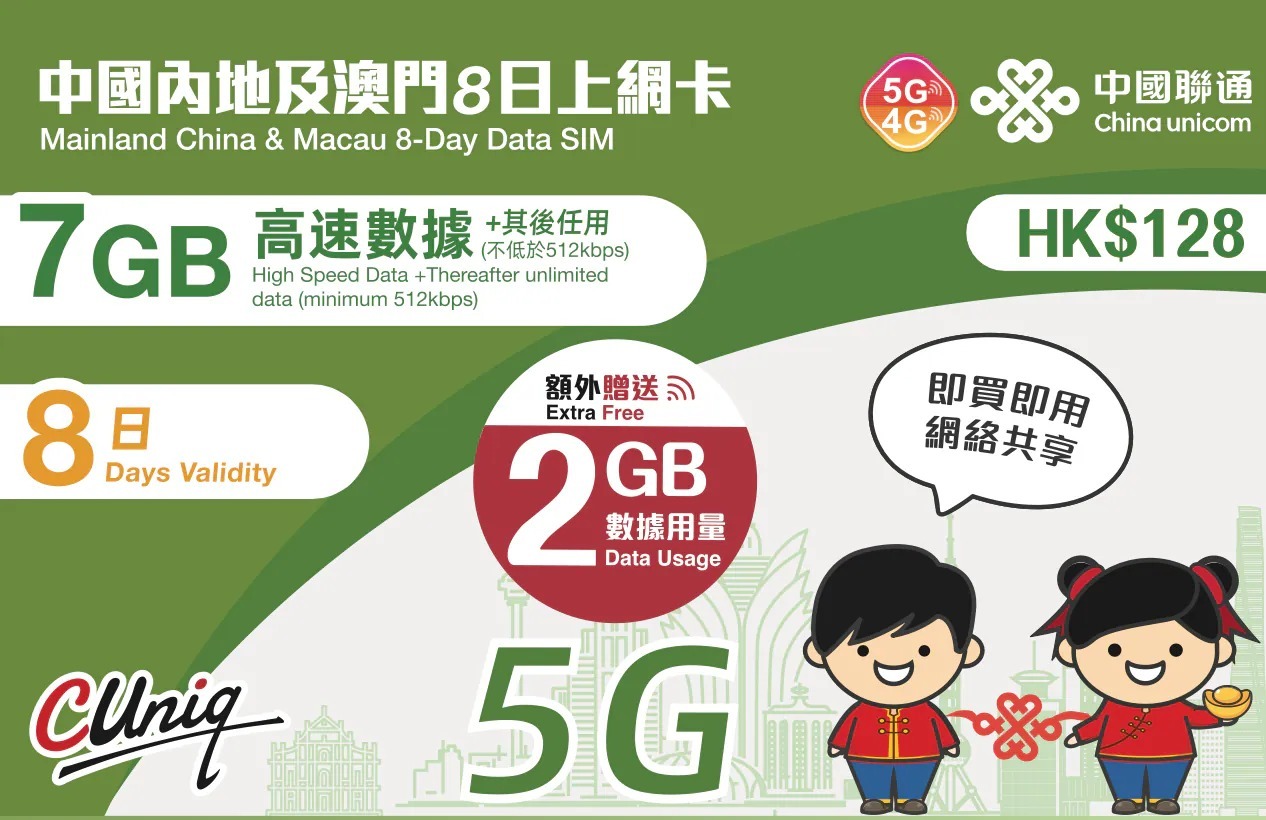中國聯通【中國內地及澳門】8日 7GB+5GB 5G/4G 上網卡｜高速數據卡 SIM 咭