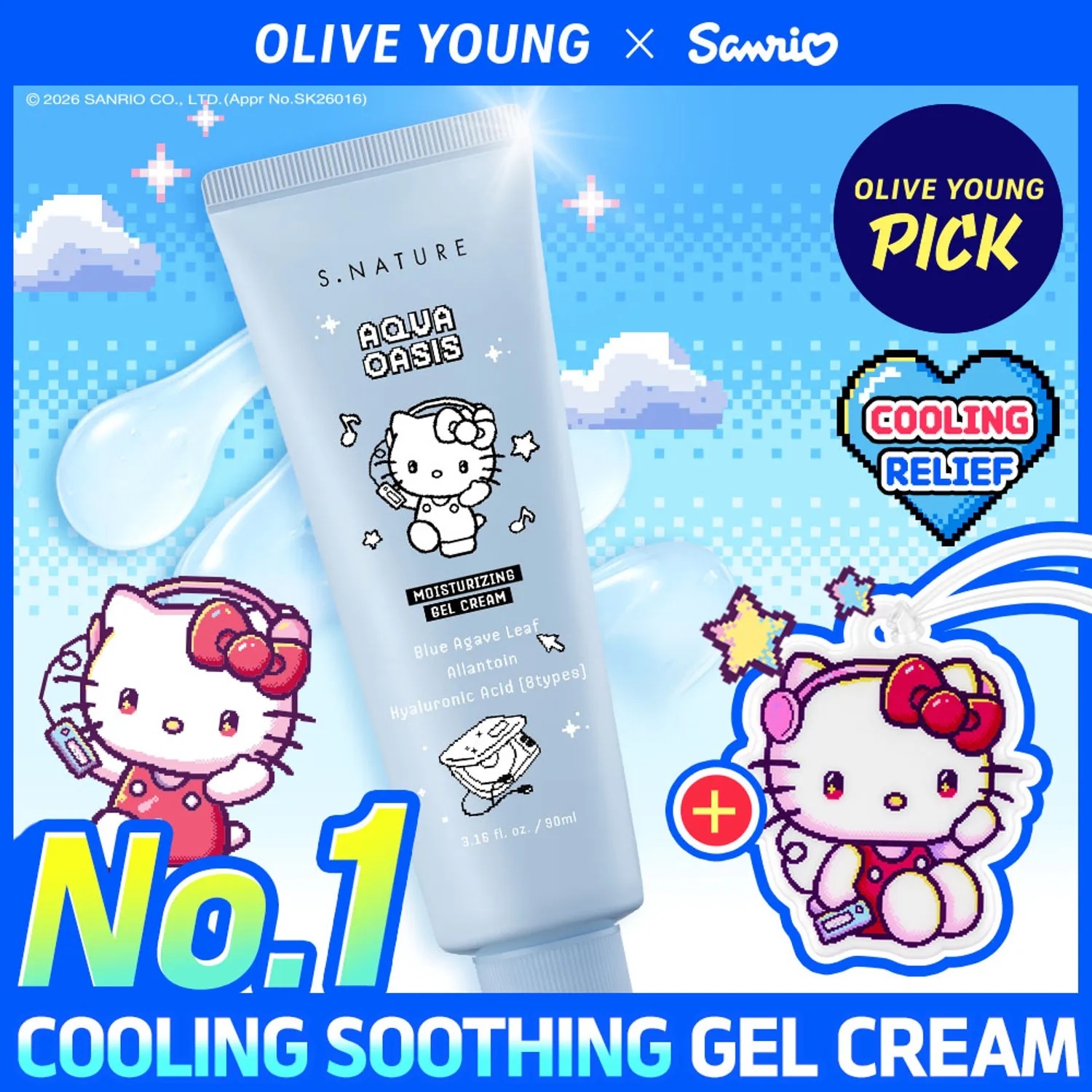 《Olive young連線》S.NATURE x hello kitty Aqua Oasis Gel Moisturizing Gel Cream 90mL+luggage tag