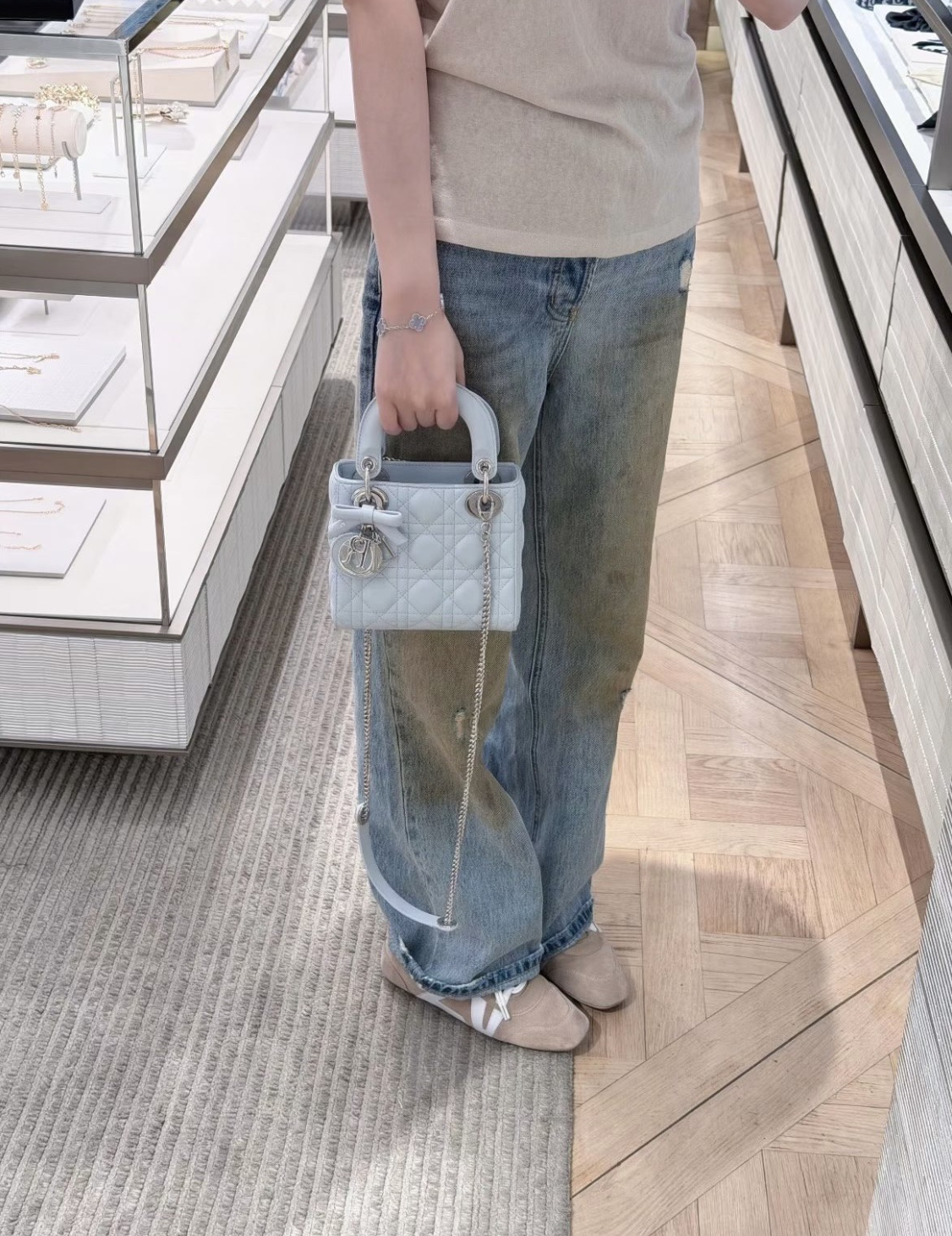 Dior Mini Lady Dior 羊皮革藤格紋 迷你 手袋 冰藍色連鏈帶