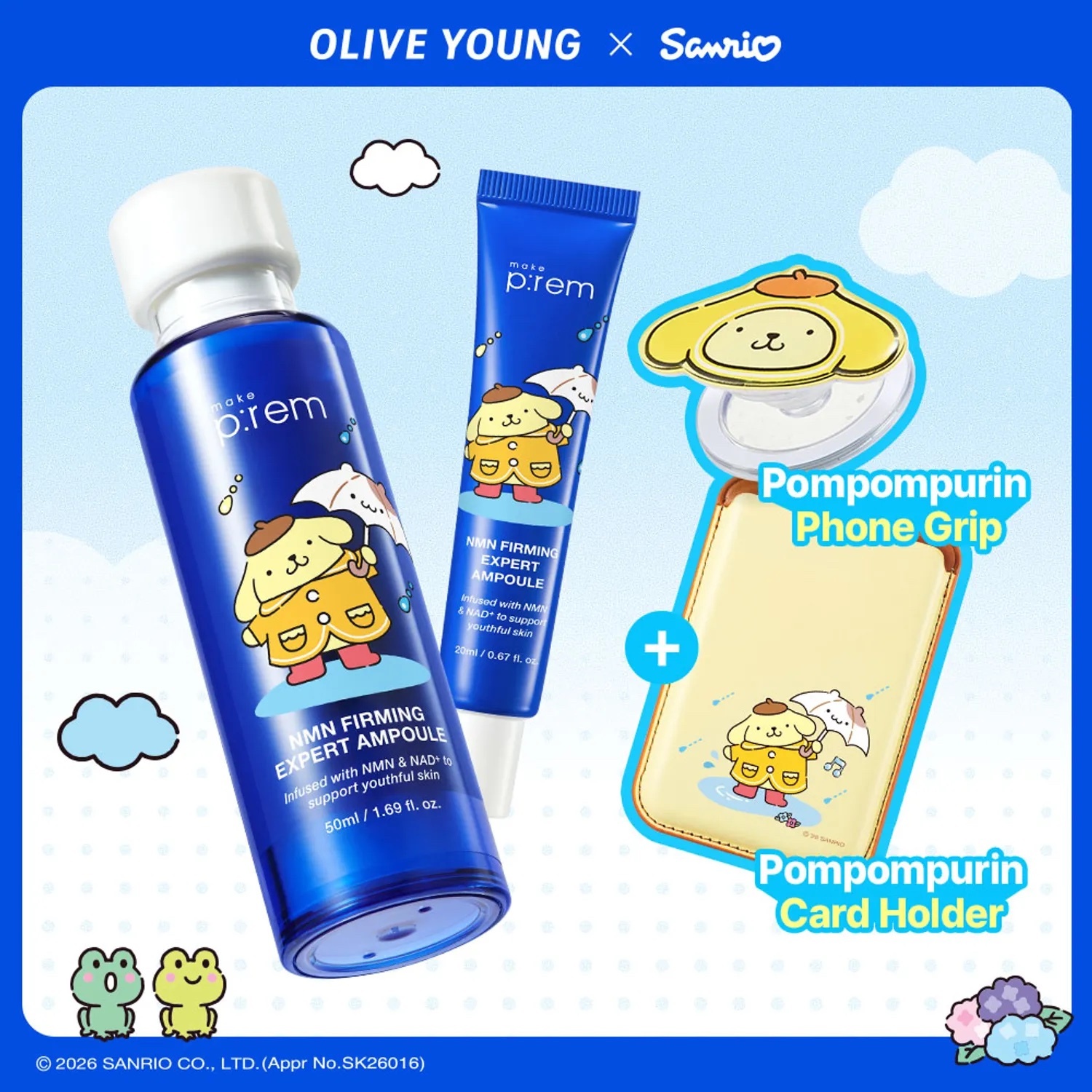 《olive young 連線》makeprem x pompompurin NMN Firming Expert Ampoule 50ml +20ml+mag safe card wallet+phone grip