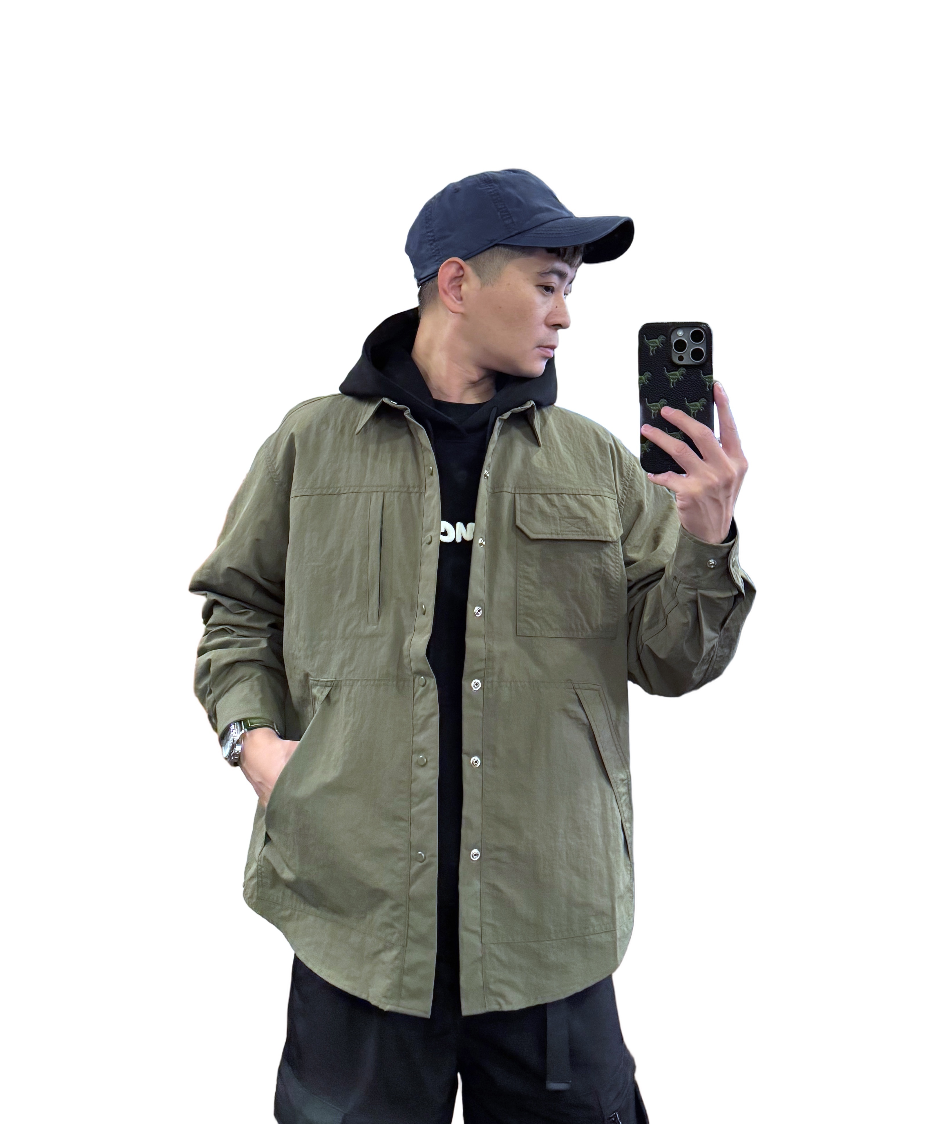 『新品上市』重磅不對稱口袋釘釦外套-軍綠(NOF24090101)