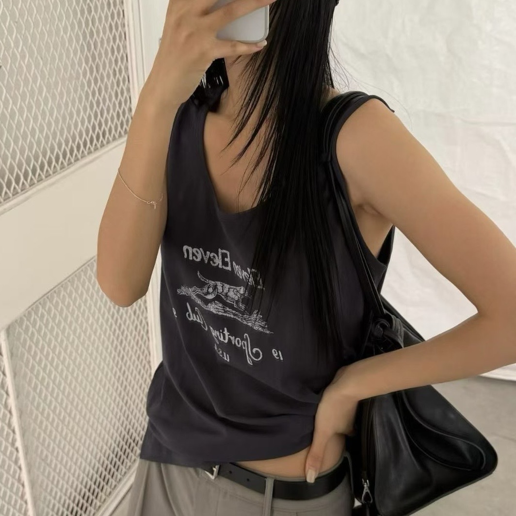 下擺小開衩圖案慵懶背心(白/墨)